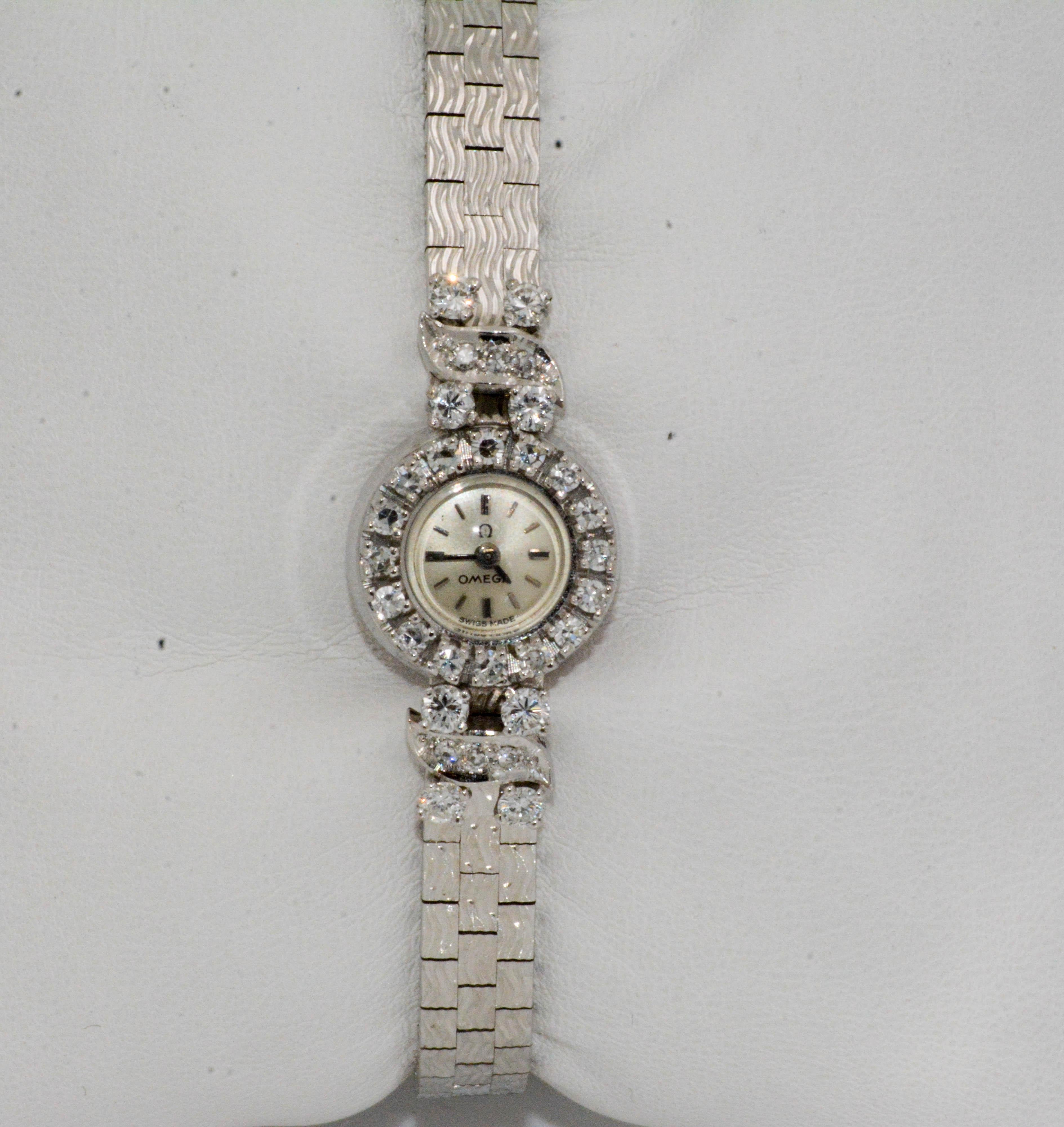 Women's 18 Karat White Gold Omega Diamond Bezel Wristwatch