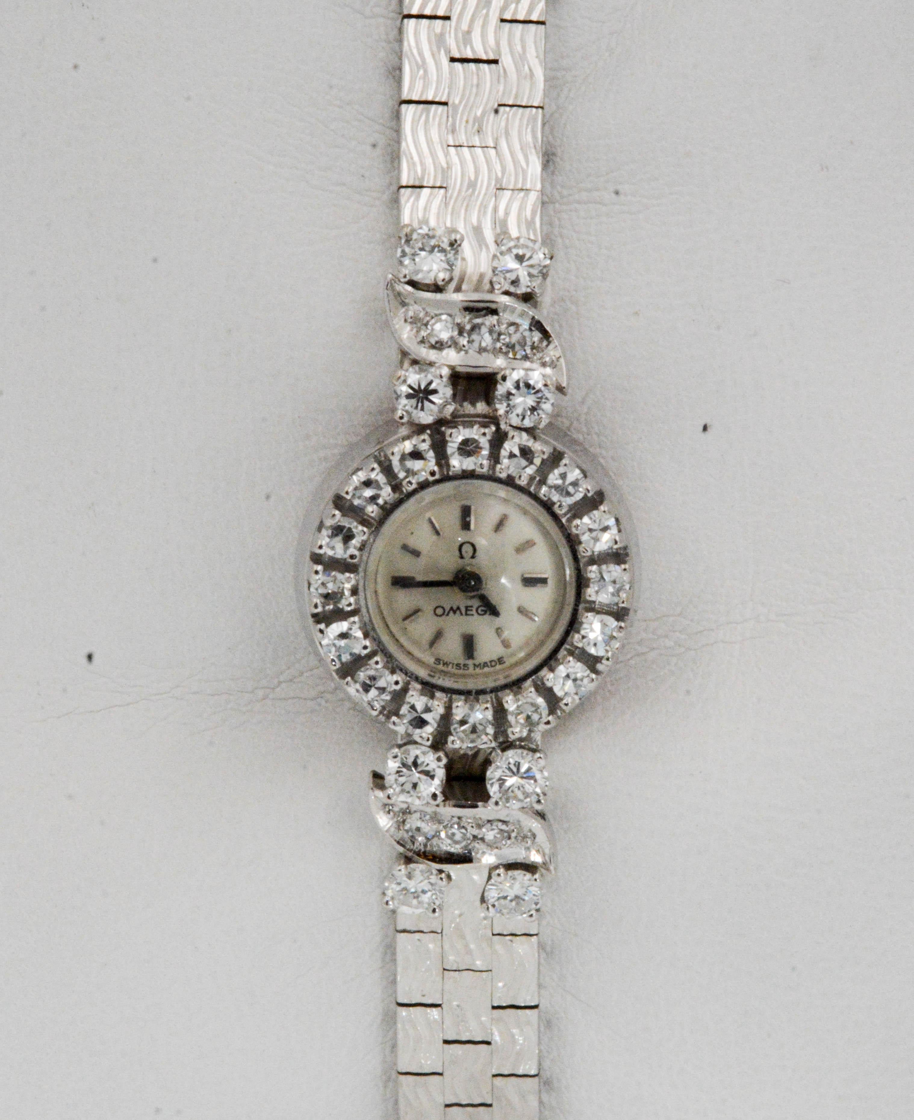 18 Karat White Gold Omega Diamond Bezel Wristwatch 1