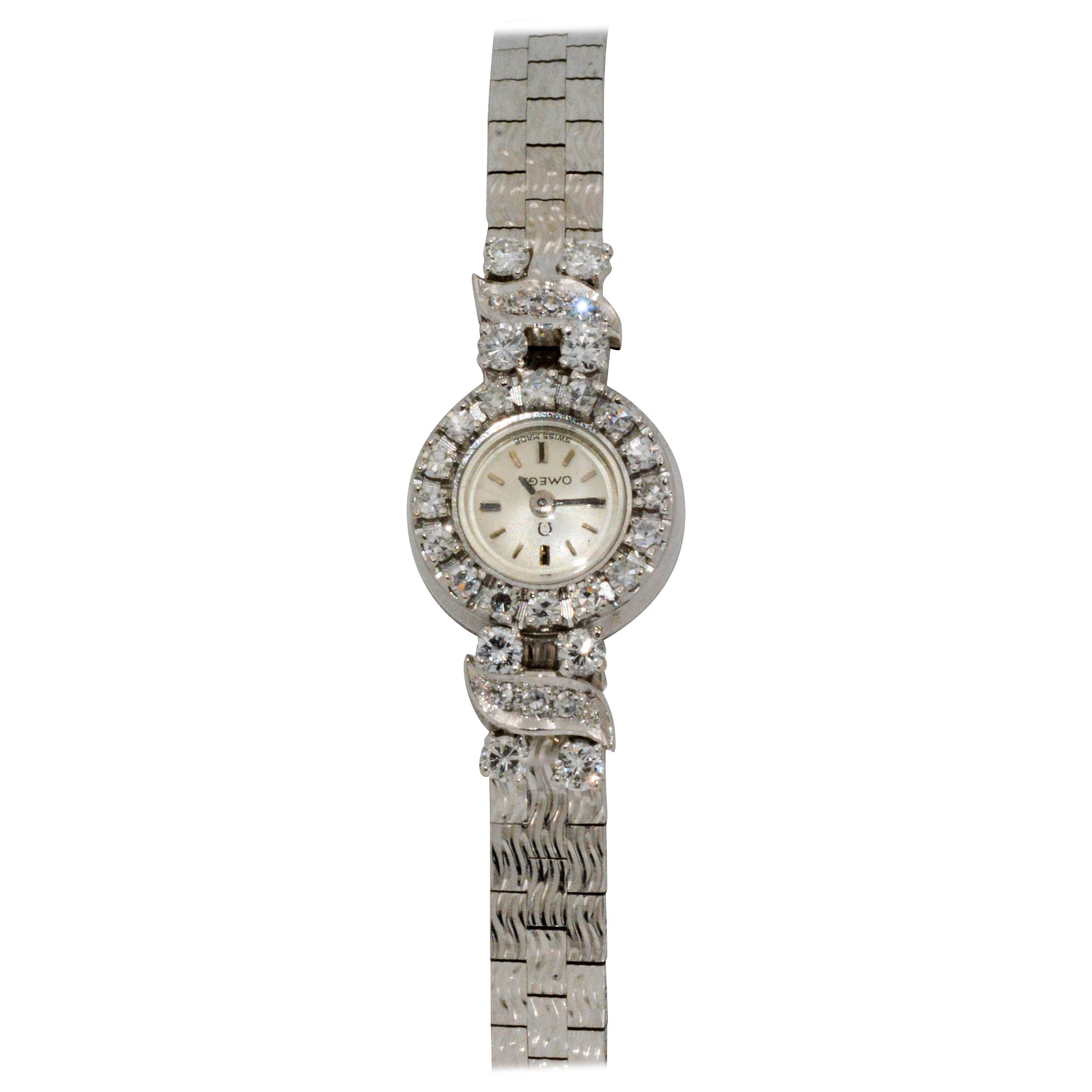 18 Karat White Gold Omega Diamond Bezel Wristwatch