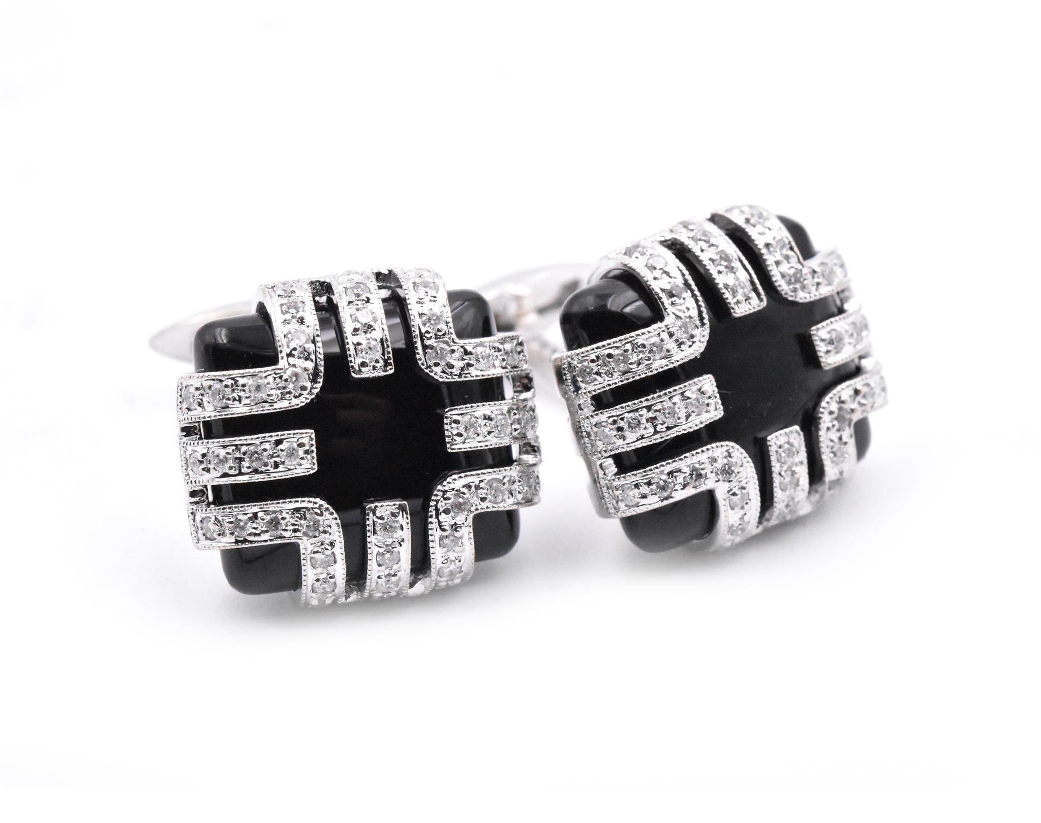 Material: 18k white gold
Diamonds: 88 round brilliant cut = .50cttw
Color: H 
Clarity: SI
Dimensions: cufflinks measure 17mm x 15.60mm
Weight: 15.19 grams
