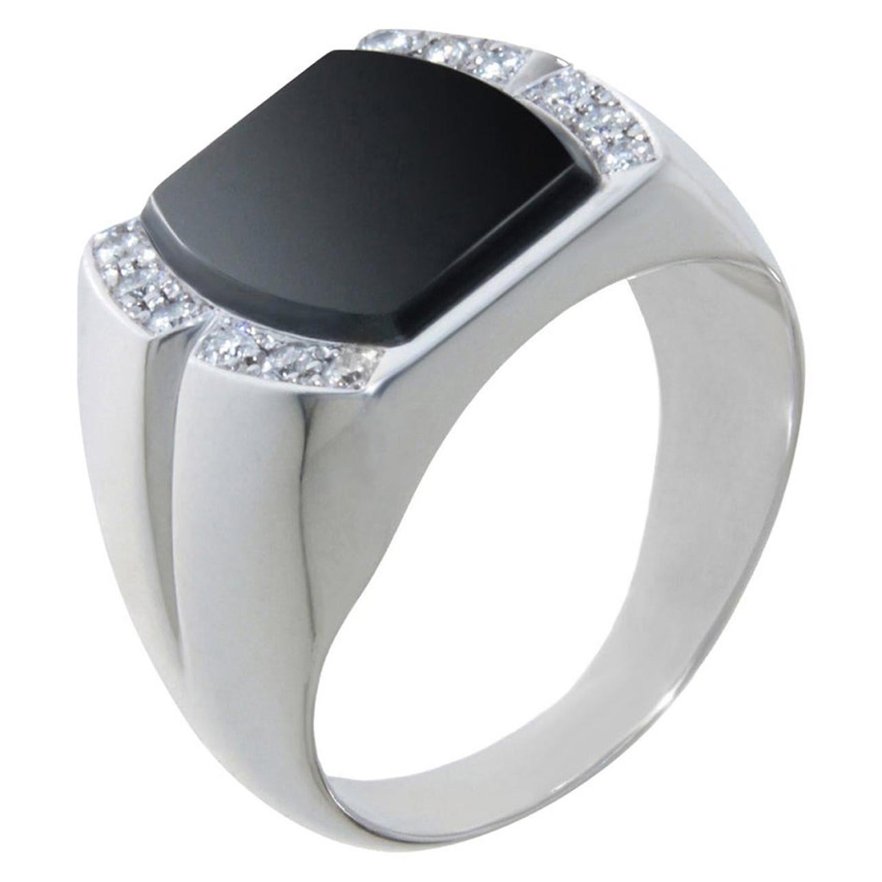 For Sale:  18 Karat White Gold, Onyx and Diamonds Art Deco Style Men/Women Signet Ring