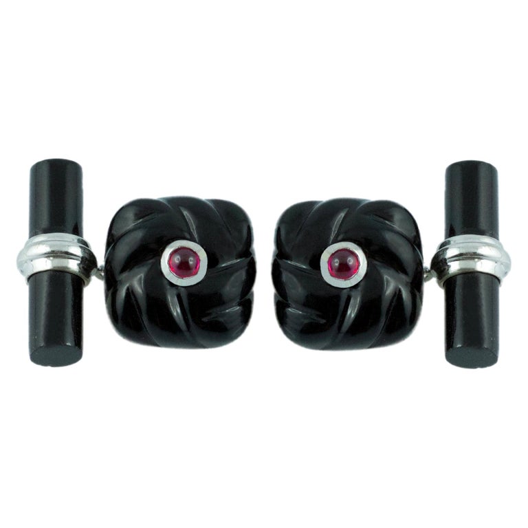 18 Karat White Gold Onyx and Rubies Cufflinks For Sale