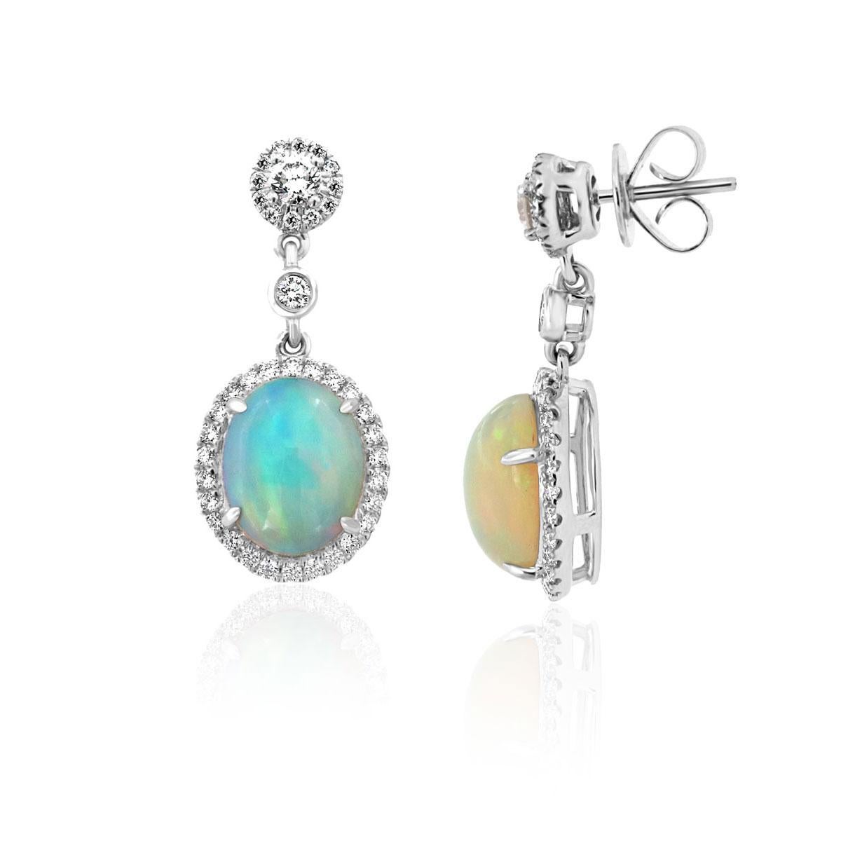 Round Cut 18 Karat White Gold Opal and Diamonds Dangling Earrings '5 1/2 Carat'