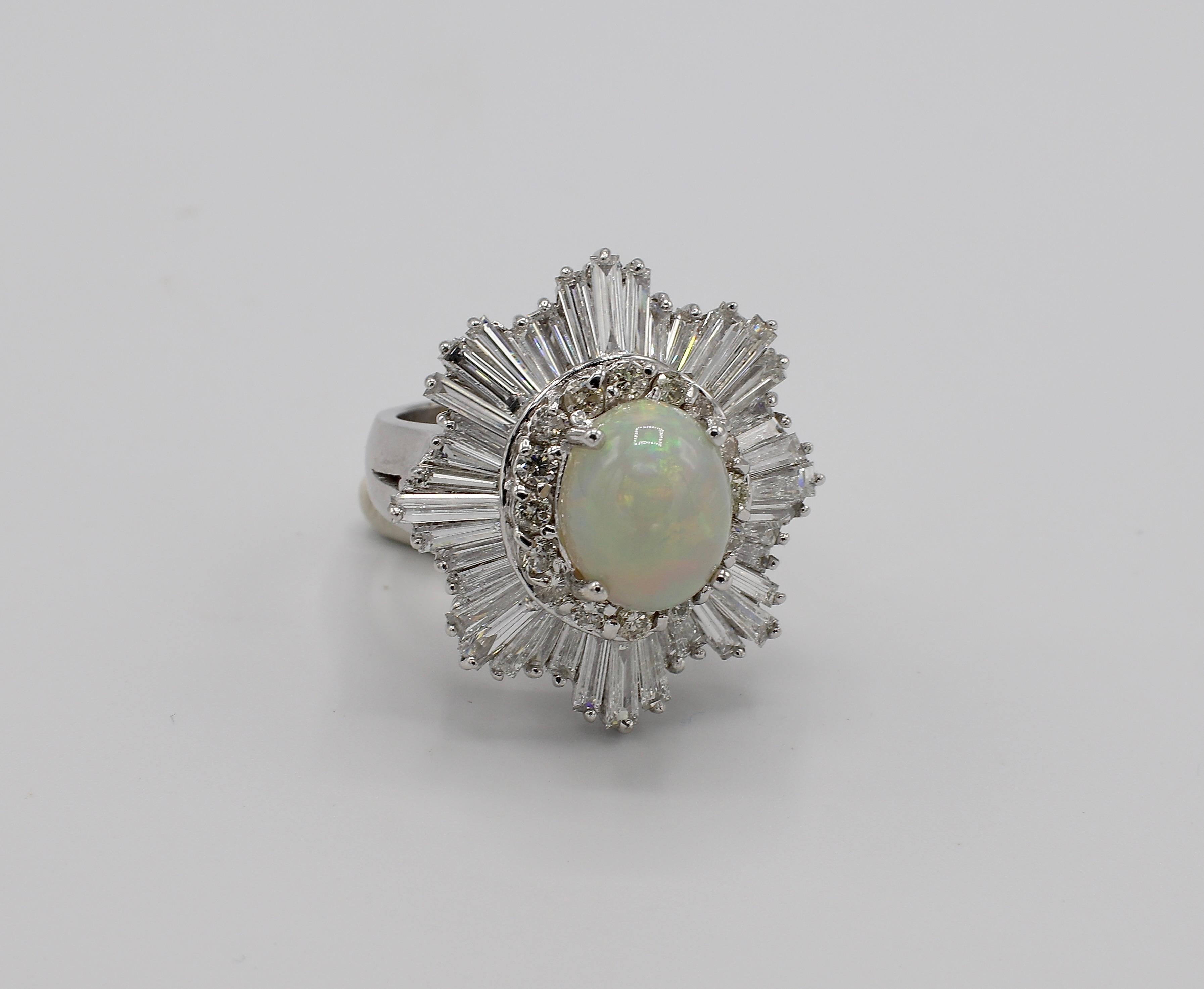 18 Karat White Gold Opal & Diamond Ballerina Cocktail Ring Size 6.5
Metal: 18k white gold
Weight: 17.2 grams
Diamonds: Approx. 4.15 CTW F VS-SI1
Opal: 11.2 x 9.4mm 
Top of ring measures 27 x 25mm
Band is 4.5mm

