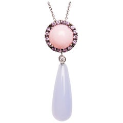 18 Karat White Gold Opal Diamond Chalcedony and Rose Sapphire Chain and Pendant
