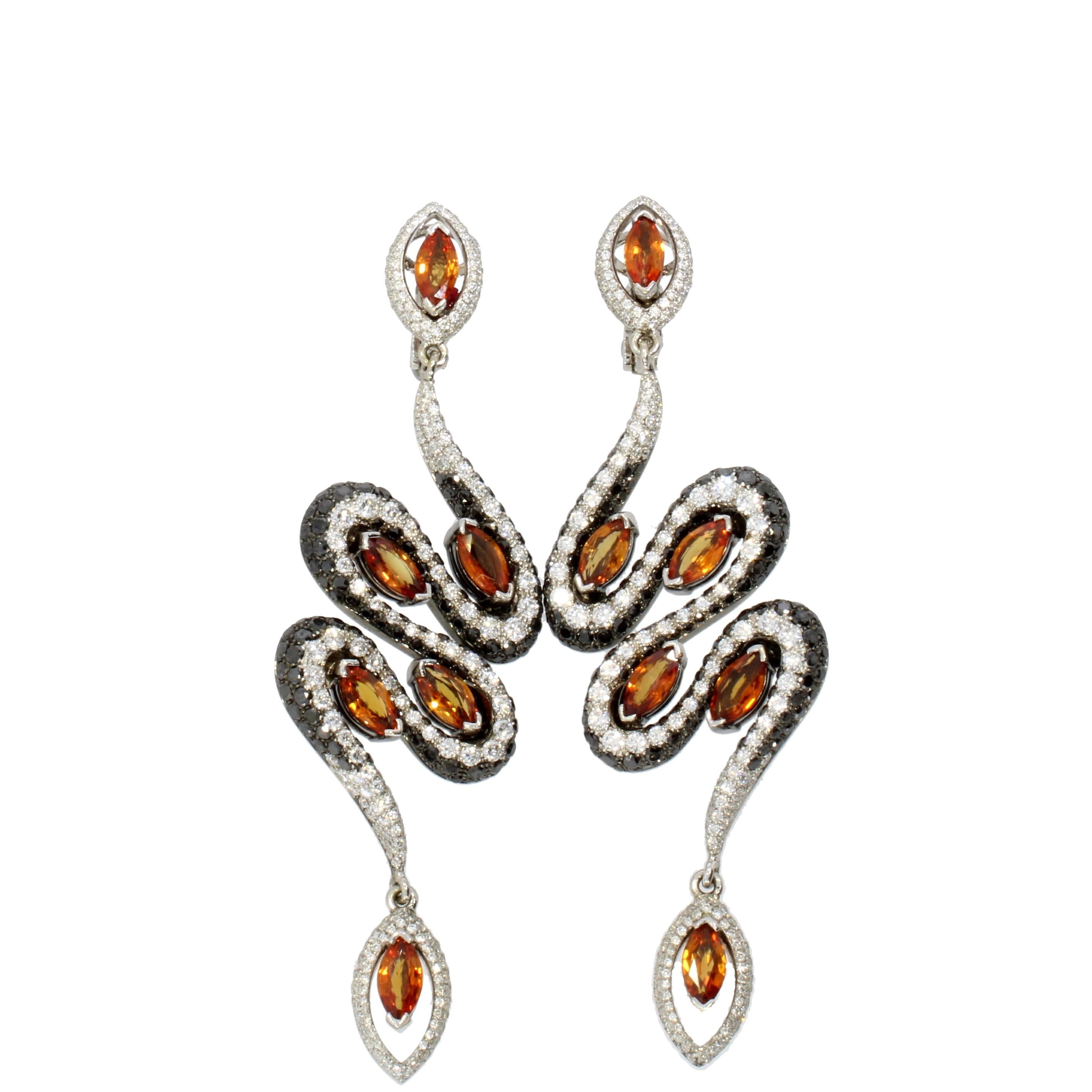 Contemporary 18 Karat White Gold Orange Sapphire and Diamond Signature Earrings by Niquesa For Sale