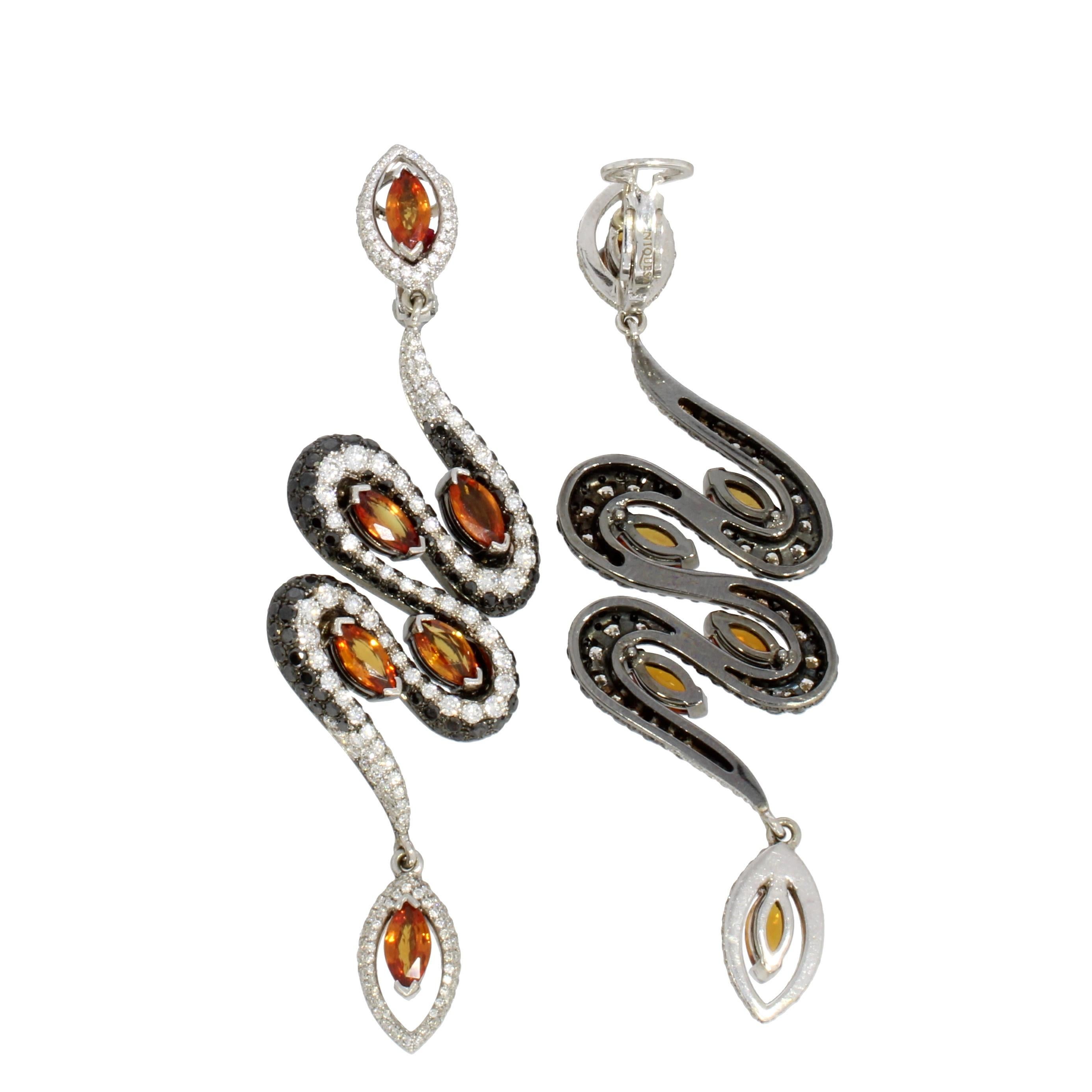 Marquise Cut 18 Karat White Gold Orange Sapphire and Diamond Signature Earrings by Niquesa For Sale