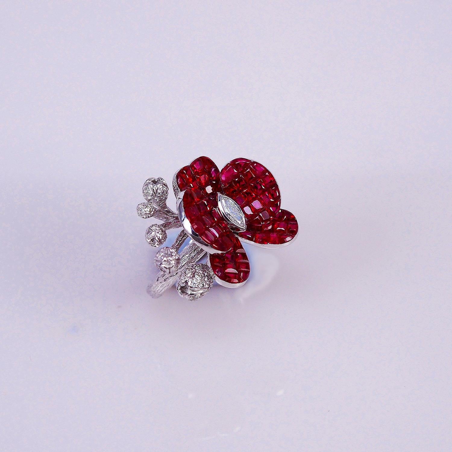 Modern 18 Karat White Gold Orchid Flower Invisible Ruby Ring