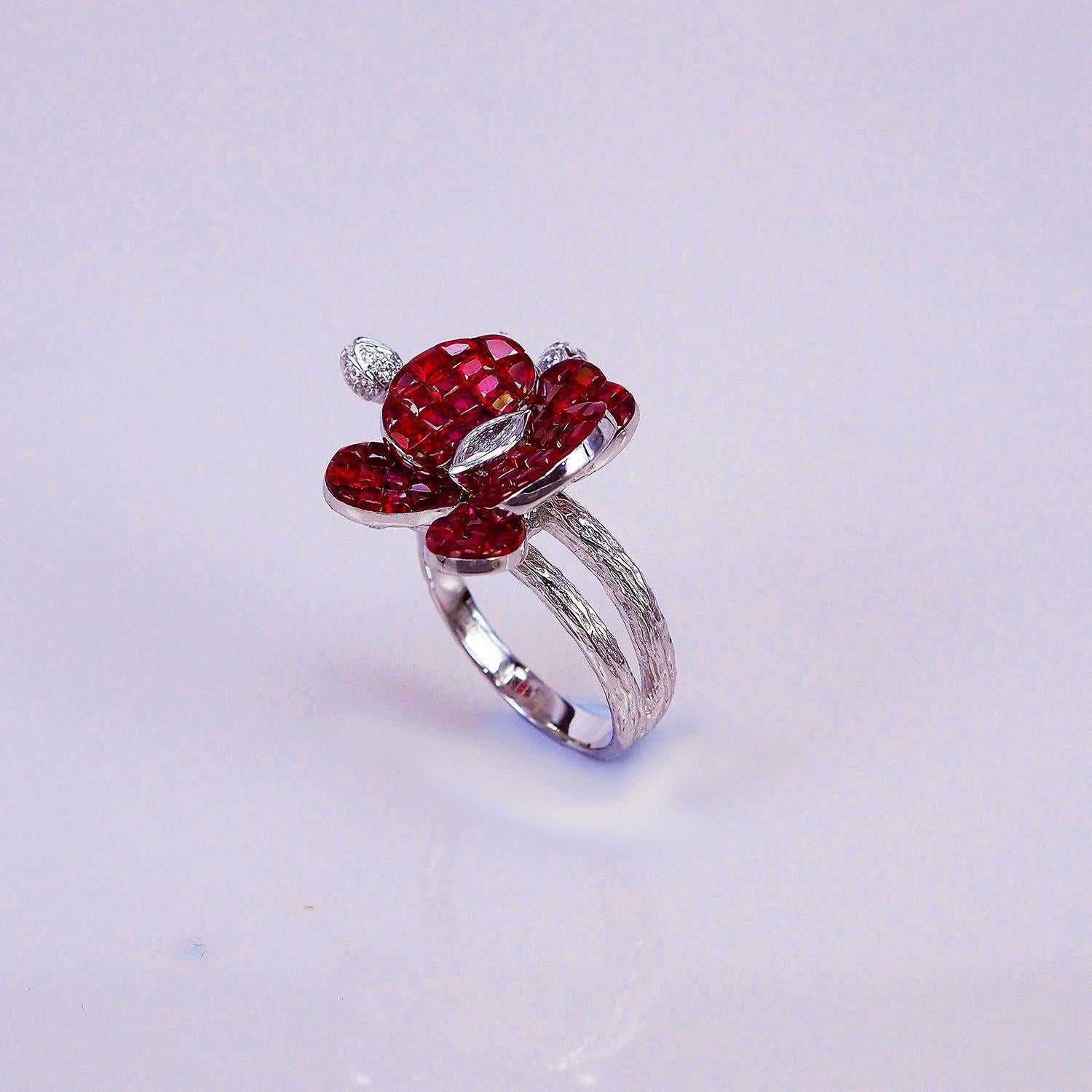 Square Cut 18 Karat White Gold Orchid Flower Invisible Ruby Ring