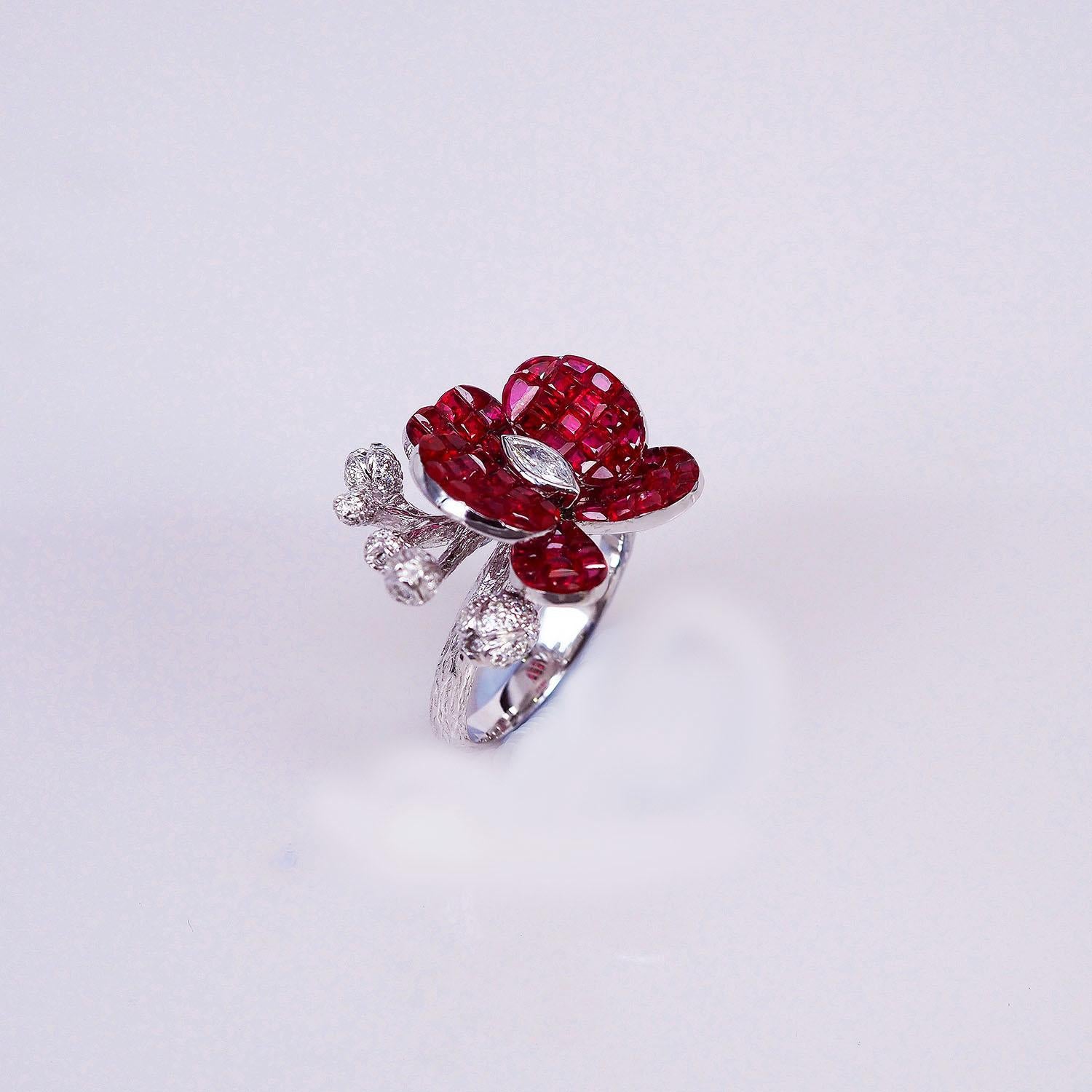 18 Karat White Gold Orchid Flower Invisible Ruby Ring In New Condition In Bangkok, TH