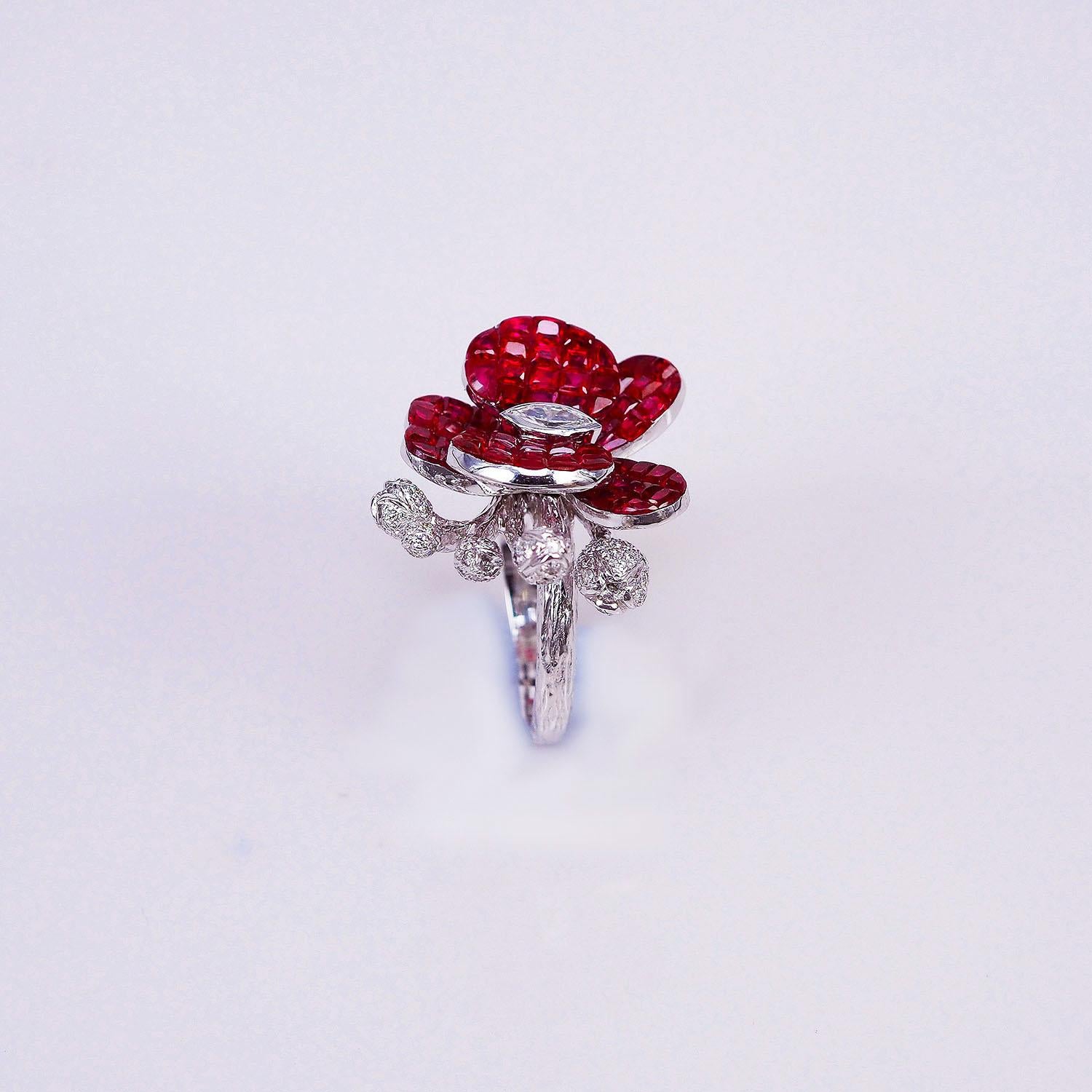 Women's 18 Karat White Gold Orchid Flower Invisible Ruby Ring