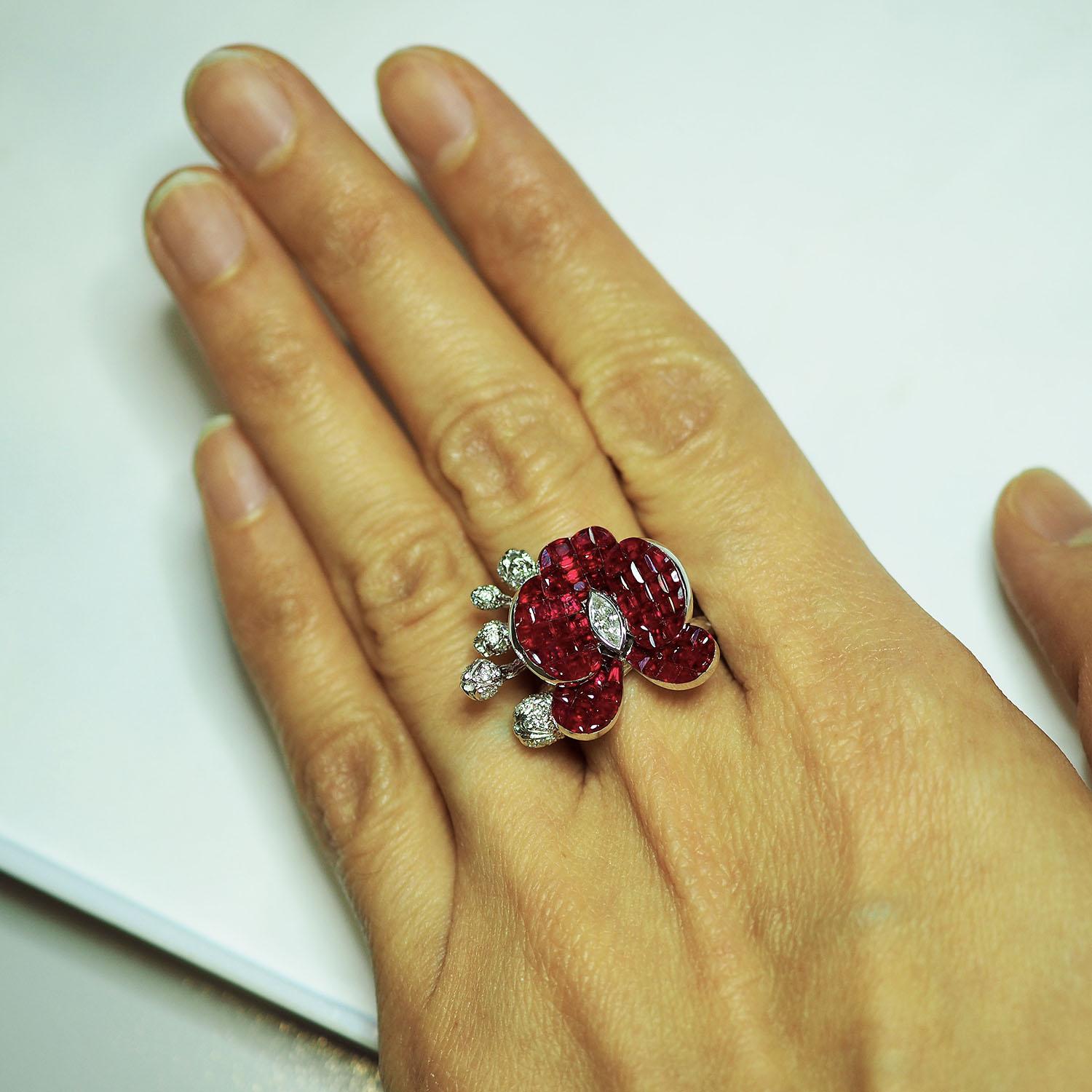 18 Karat White Gold Orchid Flower Invisible Ruby Ring 3