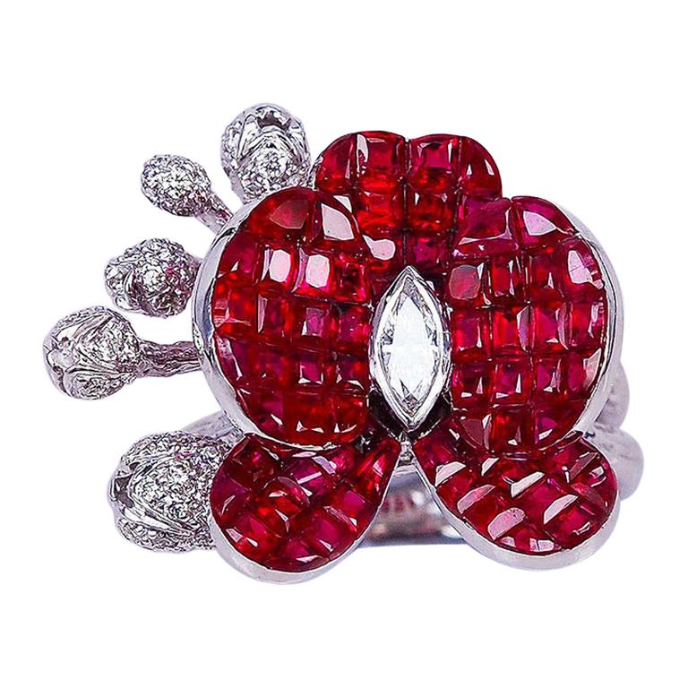 18 Karat White Gold Orchid Flower Invisible Ruby Ring