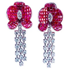 18 Karat White Gold Orchid Flower Ruby and Diamond Invisible Earrings