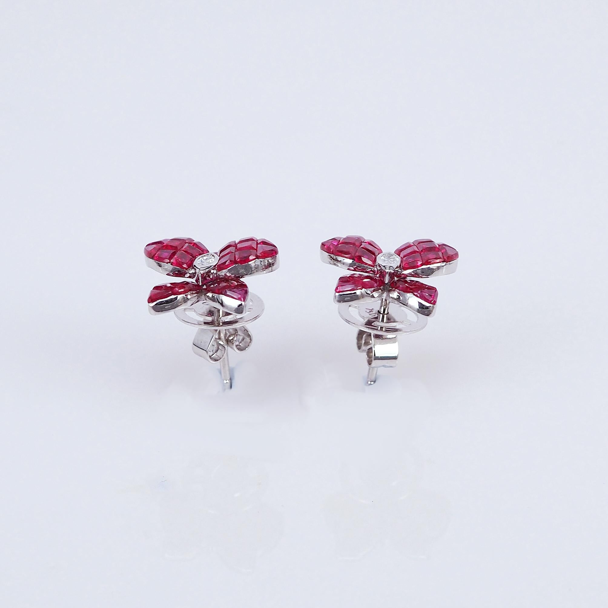 Modern 18 Karat White Gold Orchid Flower Ruby Invisible Stud Earrings For Sale