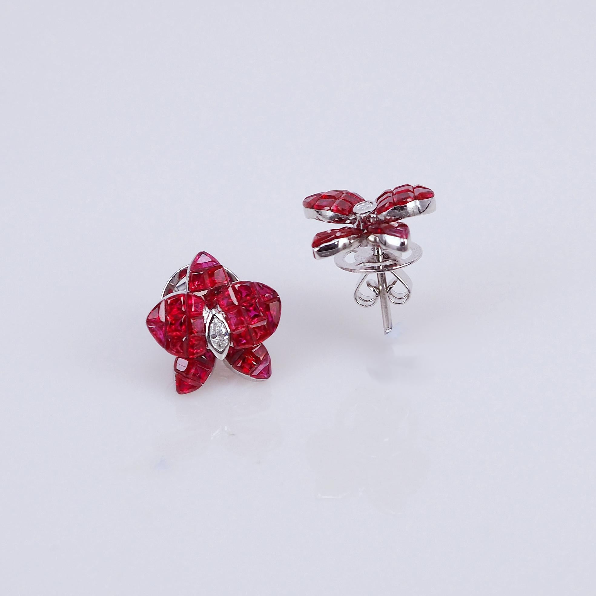 Round Cut 18 Karat White Gold Orchid Flower Ruby Invisible Stud Earrings For Sale