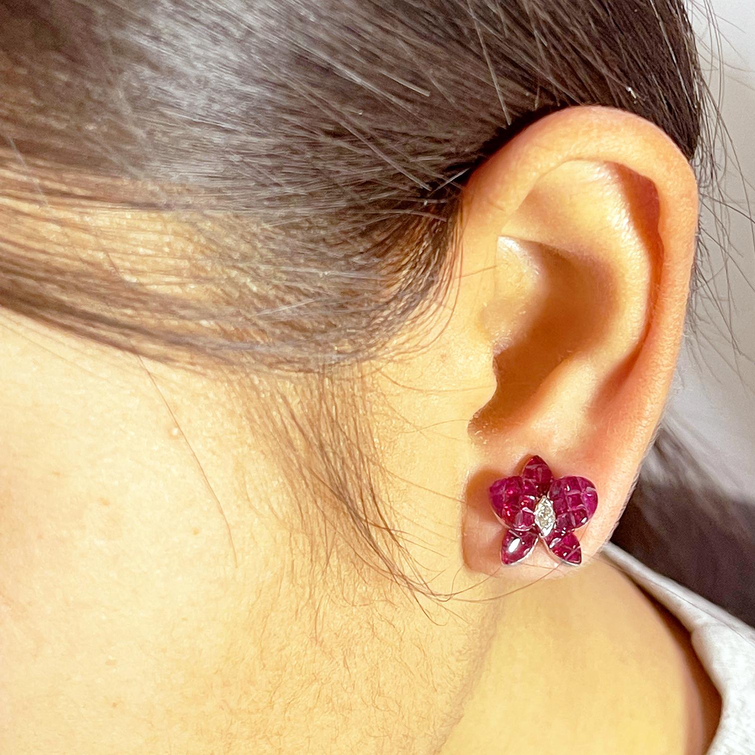 18 Karat White Gold Orchid Flower Ruby Invisible Stud Earrings For Sale 1