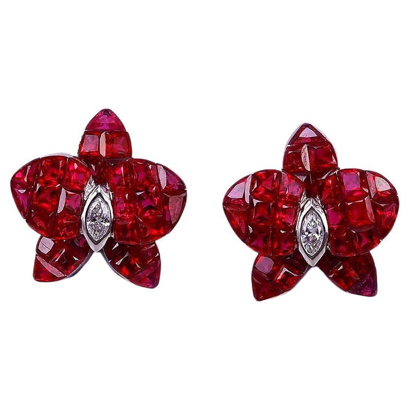 18 Karat White Gold Orchid Flower Ruby Invisible Stud Earrings