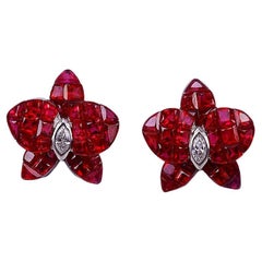 18 Karat White Gold Orchid Flower Ruby Invisible Stud Earrings
