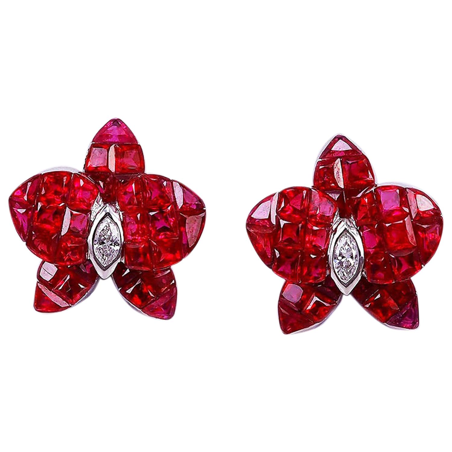 18 Karat White Gold Orchird Flower Ruby Invisible Stud Earrings