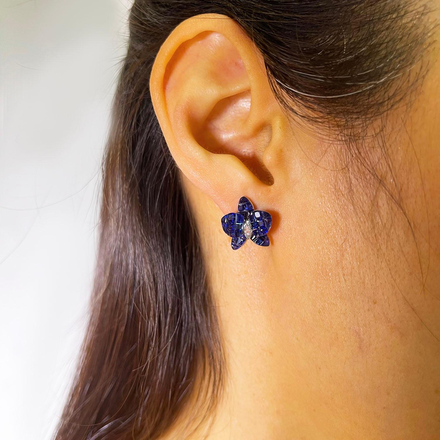 Modern 18 Karat White Gold Orchird Flower Sapphire Invisible Stud Earrings For Sale