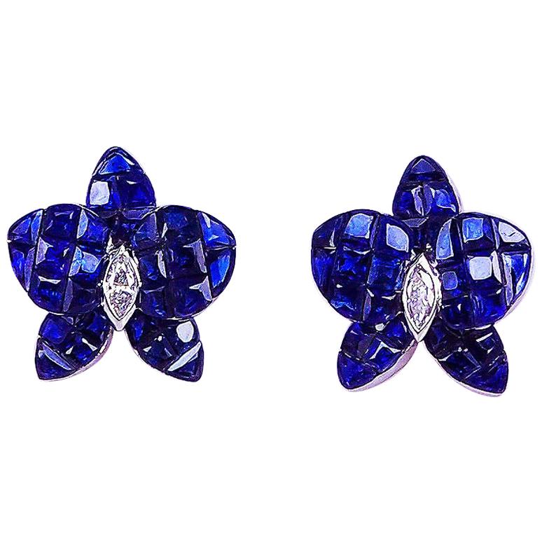 18 Karat White Gold Orchird Flower Sapphire Invisible Stud Earrings