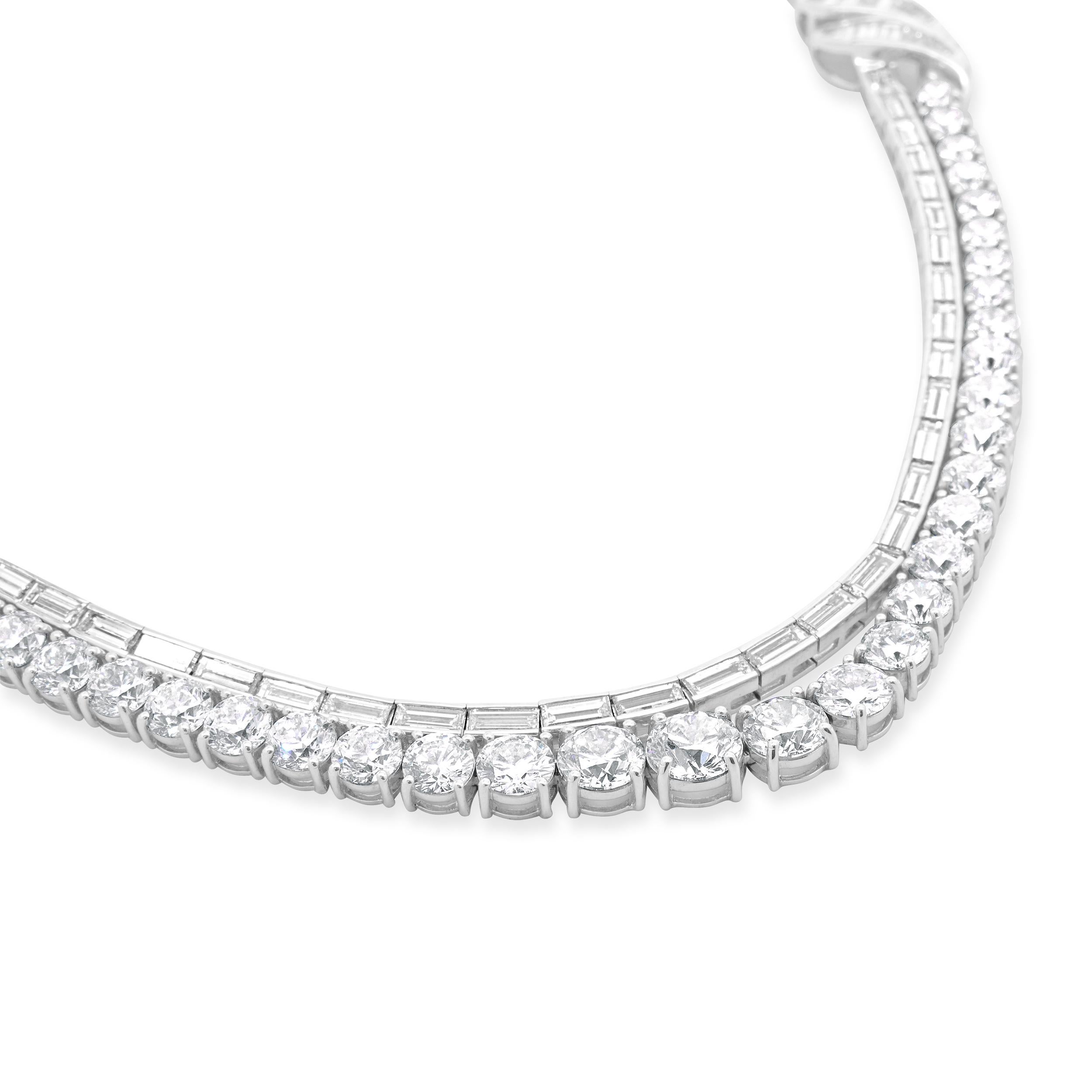 Round Cut 18 Karat White Gold Ornate Round and Emerald Cut Double Row Diamond Necklace For Sale