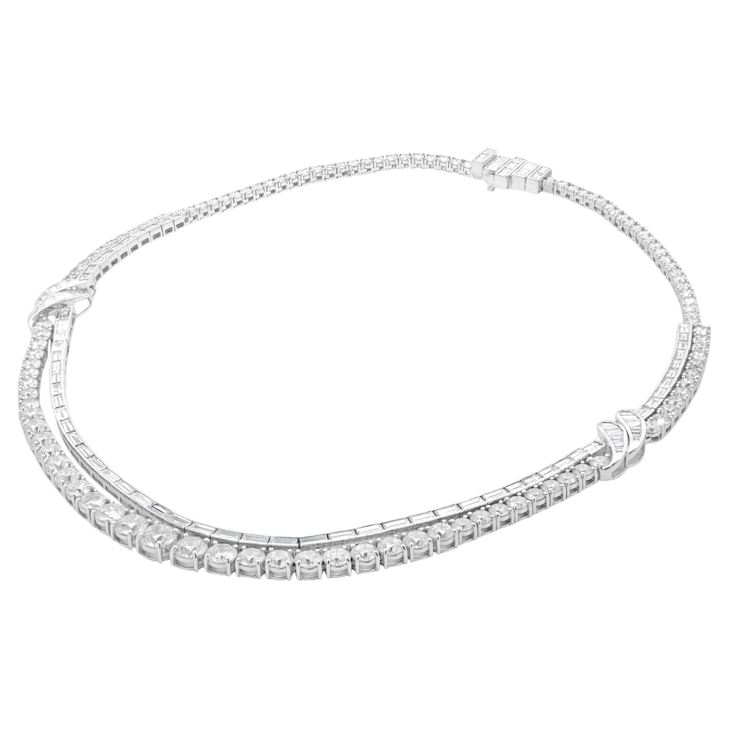 18 Karat White Gold Ornate Round and Emerald Cut Double Row Diamond Necklace