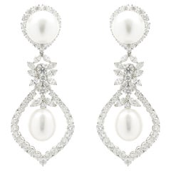 18 Karat White Gold Ornate South Sea Pearl and Diamond Drop Earrings