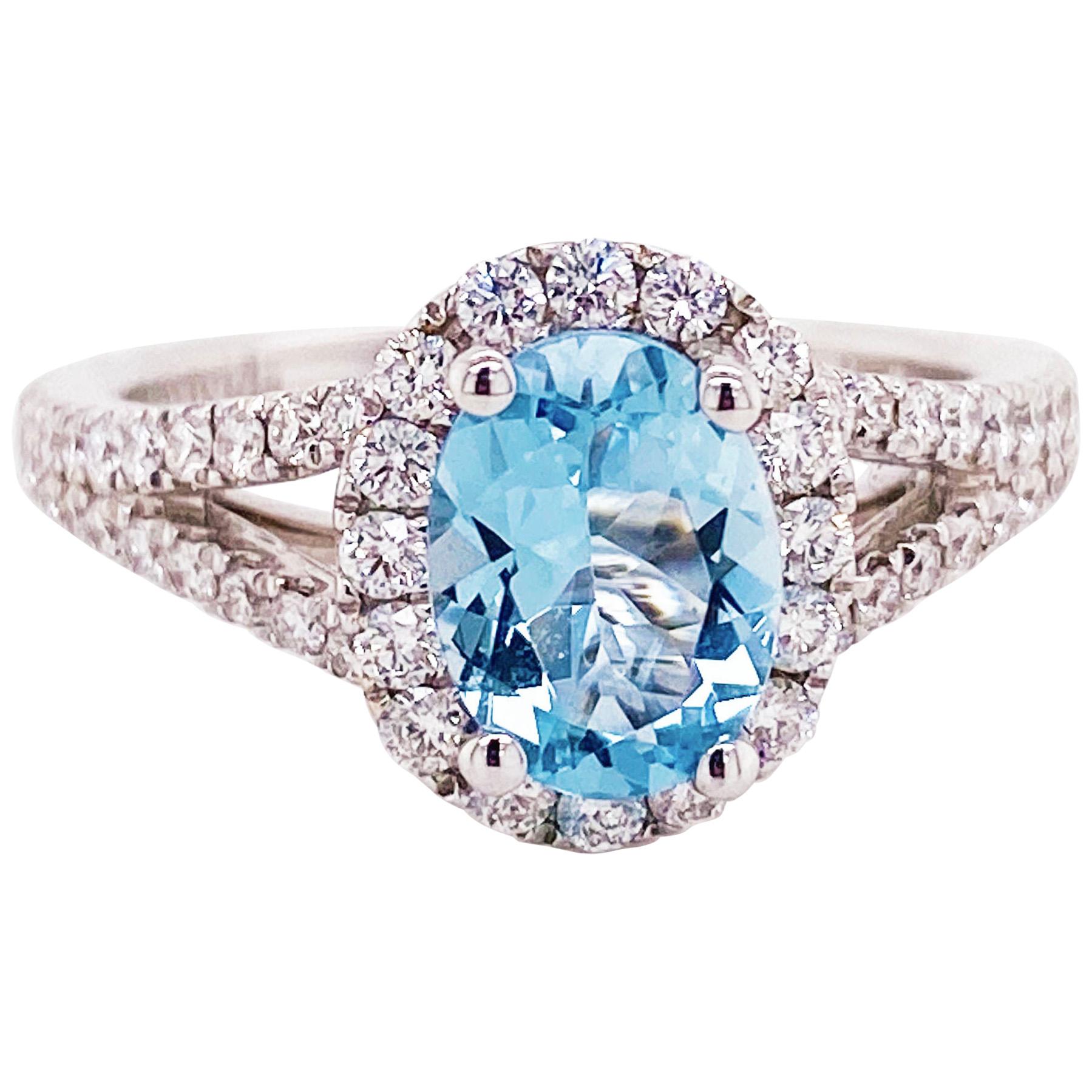 Aquamarine Split Shoulder Ring Diamond Halo, 18K White Gold 0.95Ct Oval Aqua