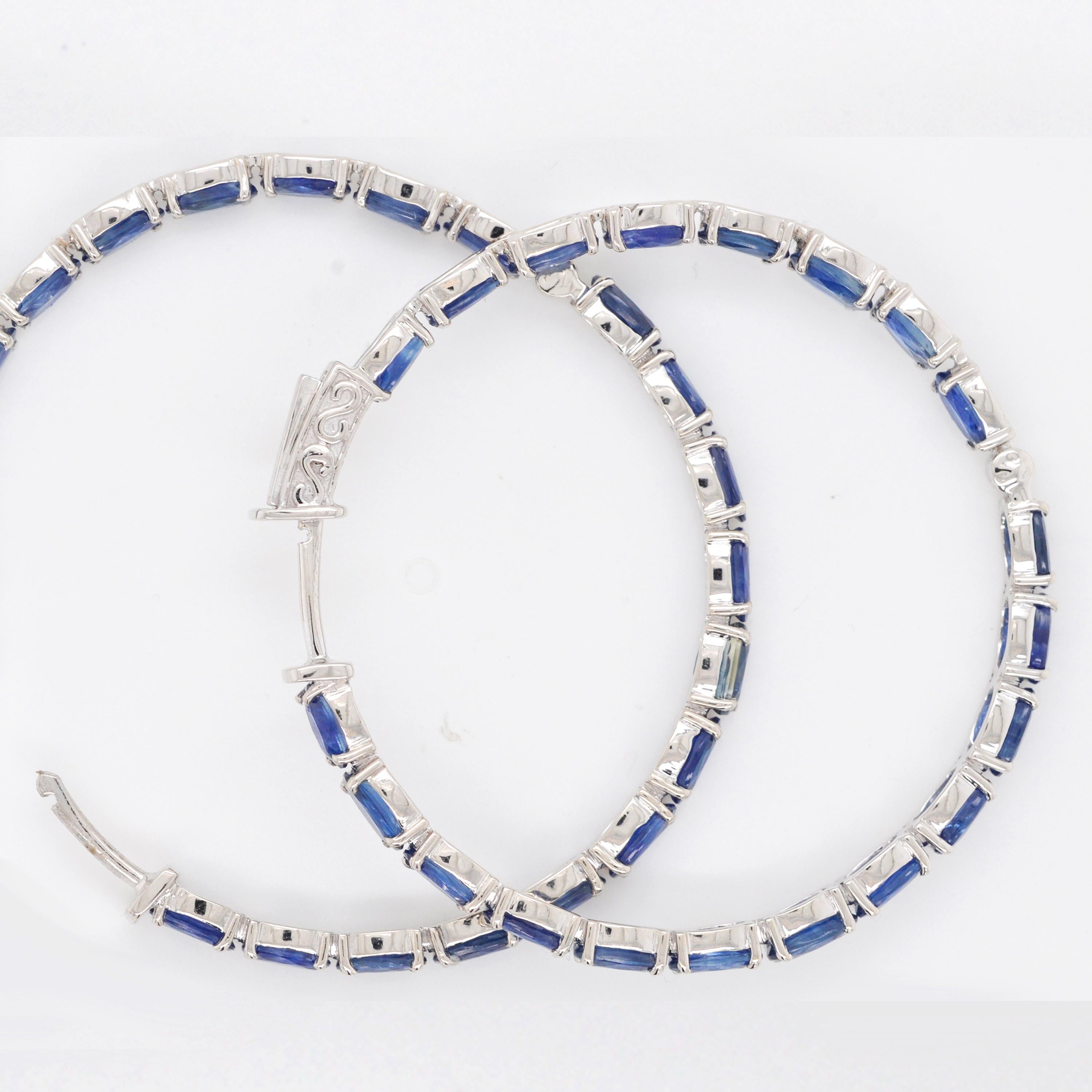 18 Karat White Gold 8.62 Carat Oval Natural Blue Sapphire Hoop Earrings For Sale 4
