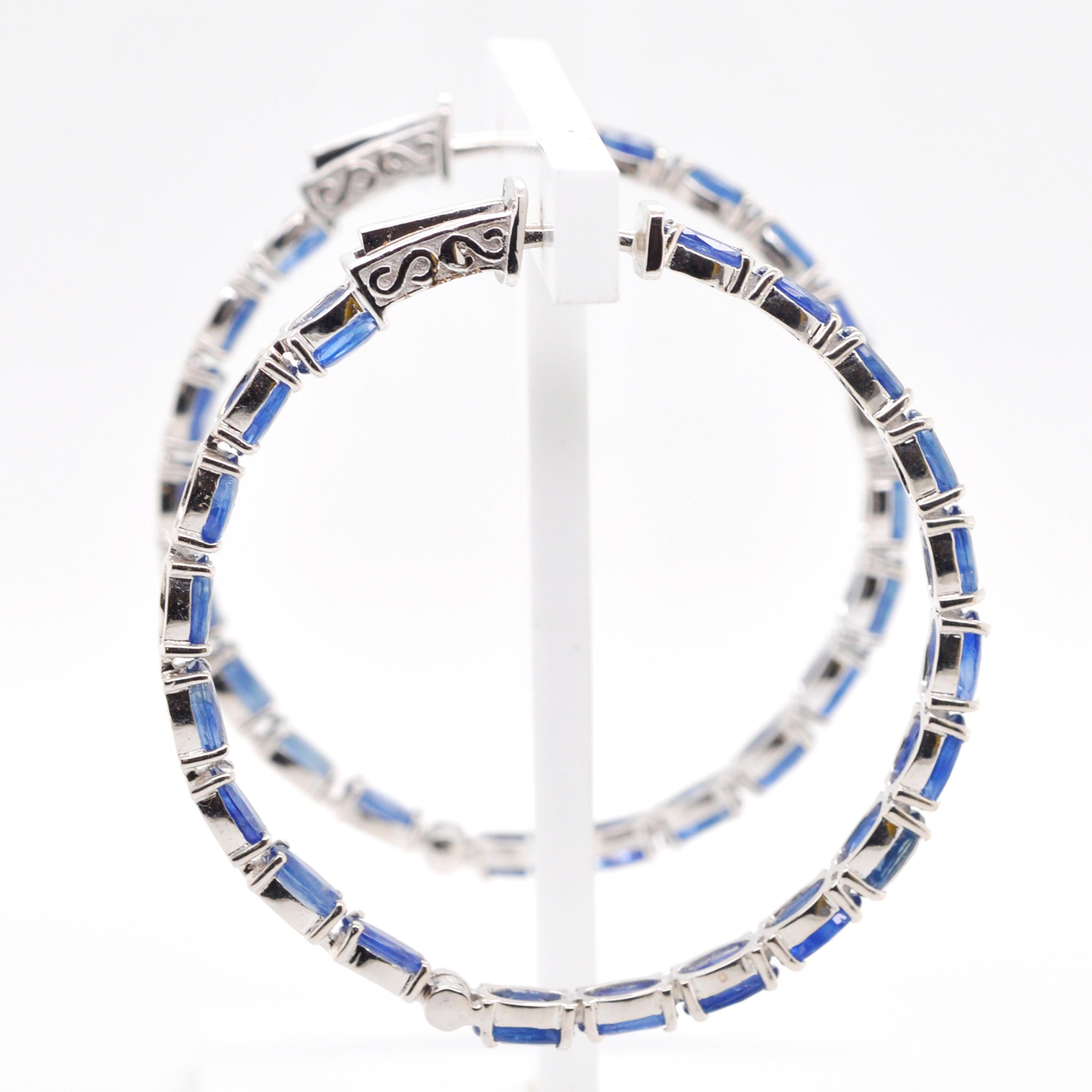 18 Karat White Gold 8.62 Carat Oval Natural Blue Sapphire Hoop Earrings For Sale 5