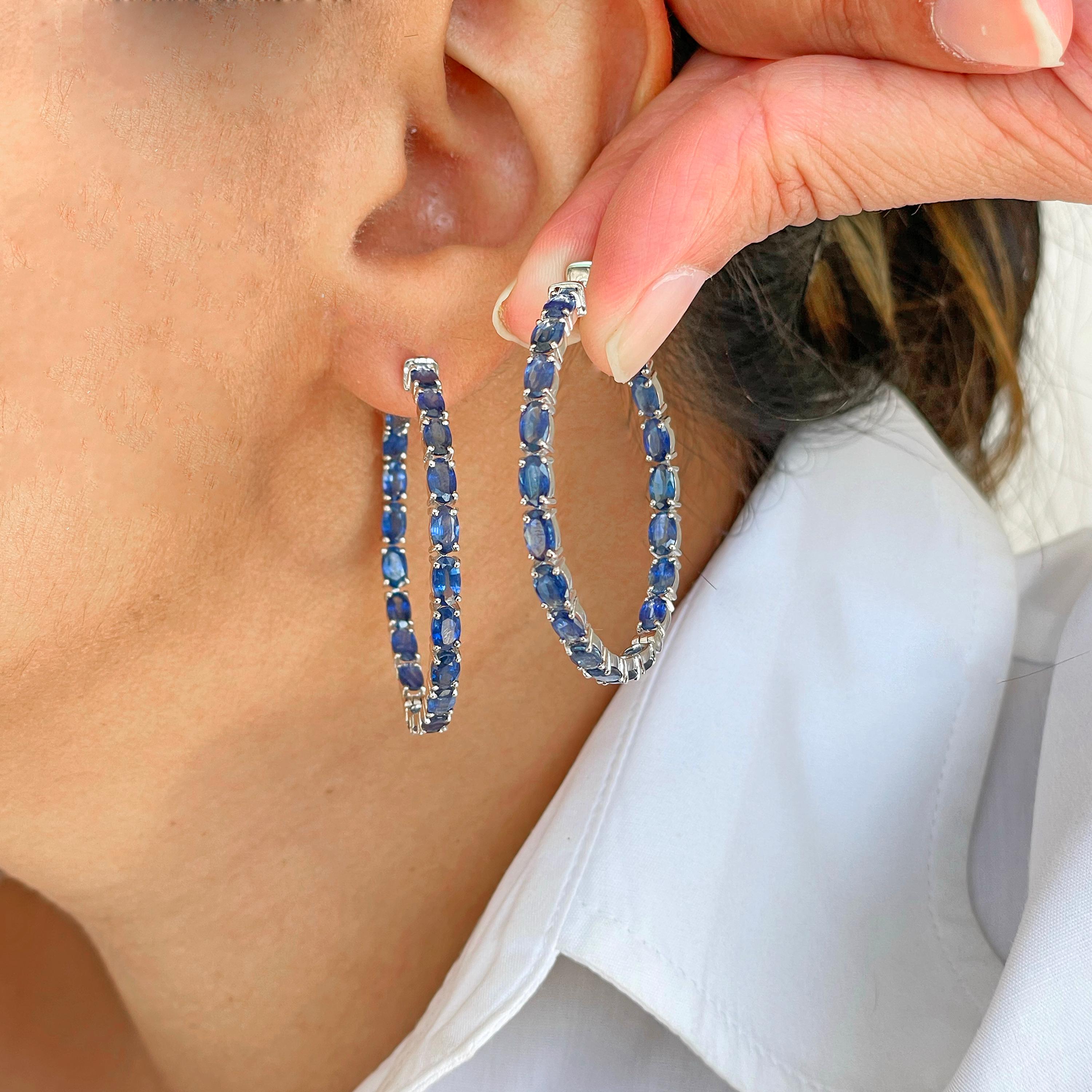 Modern 18 Karat White Gold 8.62 Carat Oval Natural Blue Sapphire Hoop Earrings For Sale