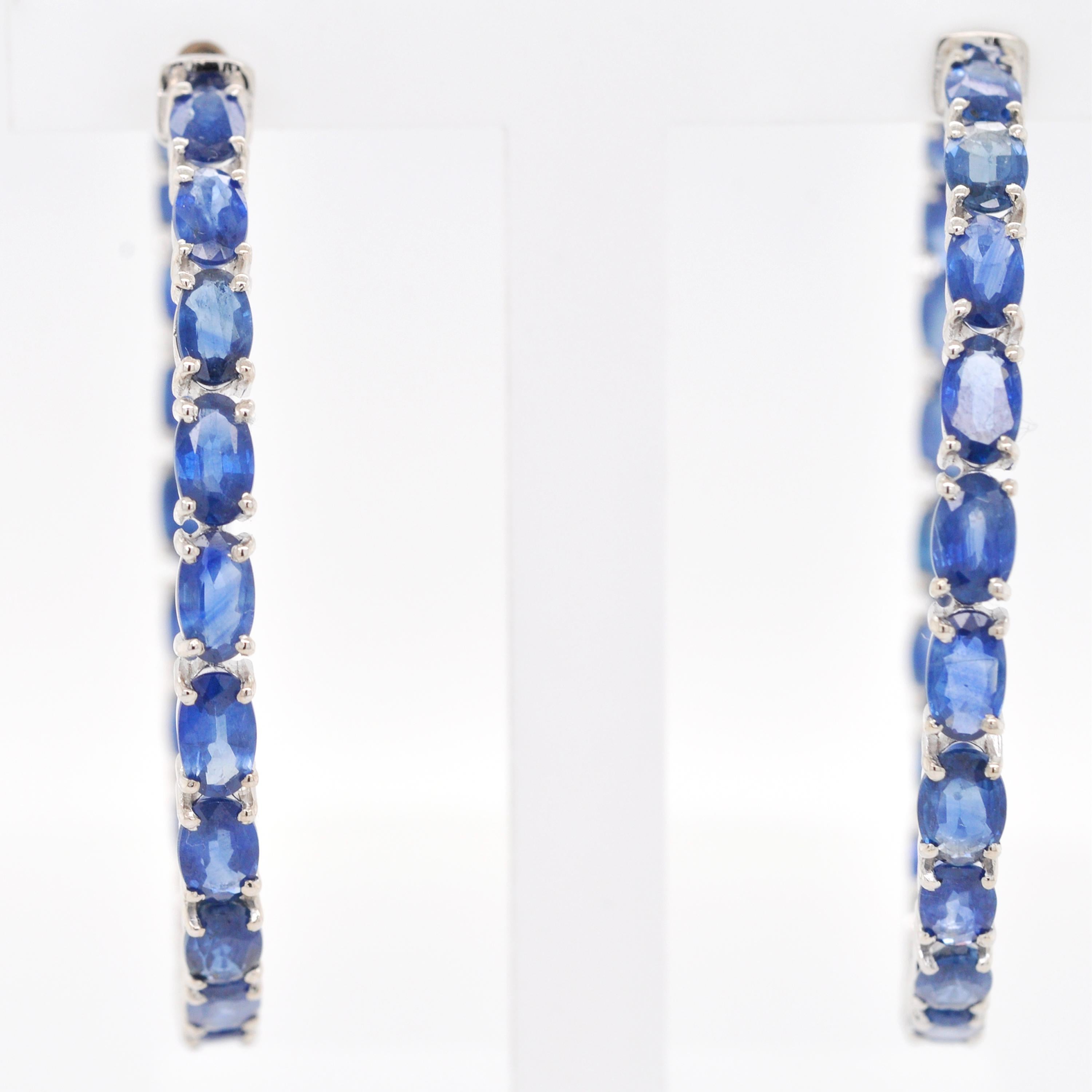 Women's 18 Karat White Gold 8.62 Carat Oval Natural Blue Sapphire Hoop Earrings For Sale