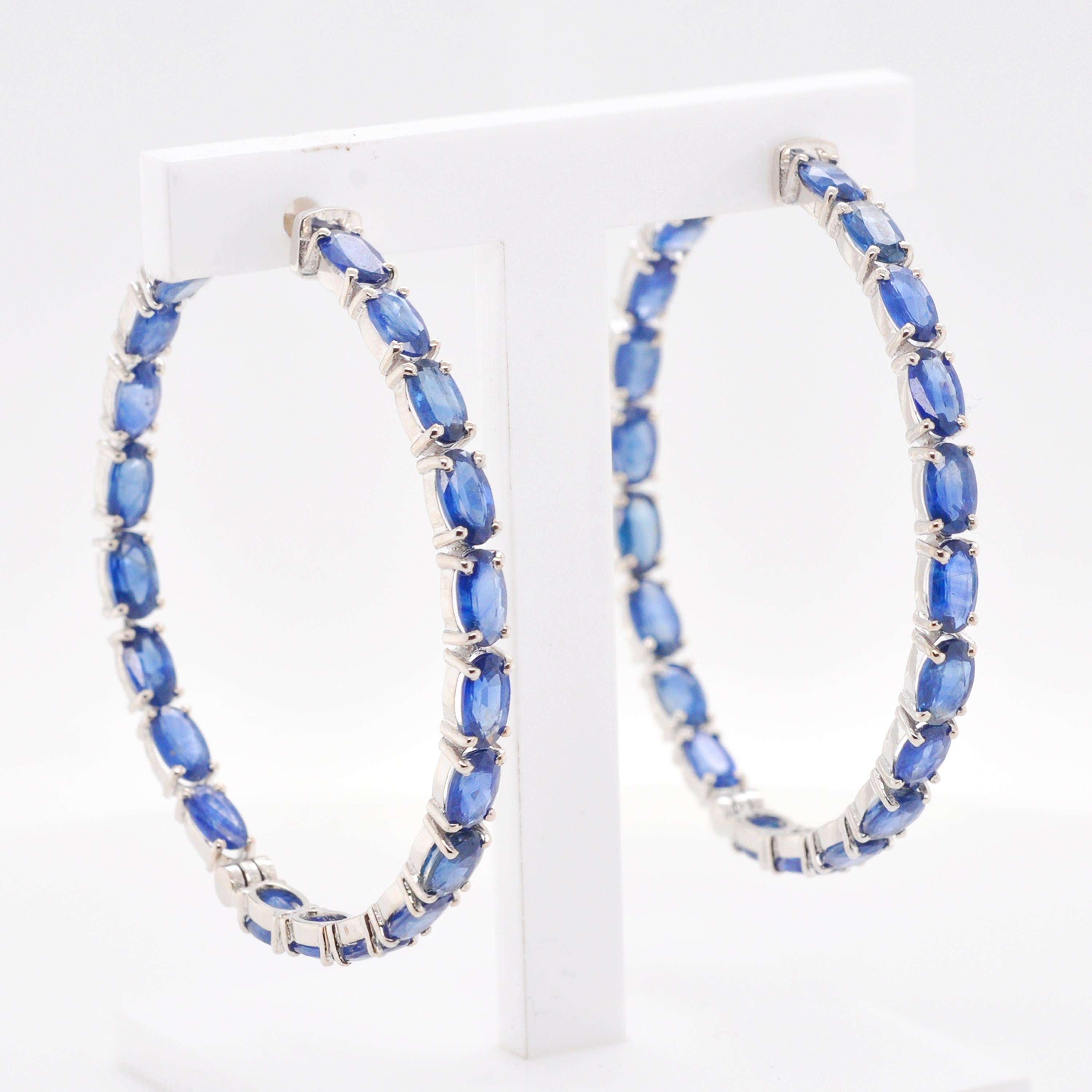 18 Karat White Gold 8.62 Carat Oval Natural Blue Sapphire Hoop Earrings For Sale 2