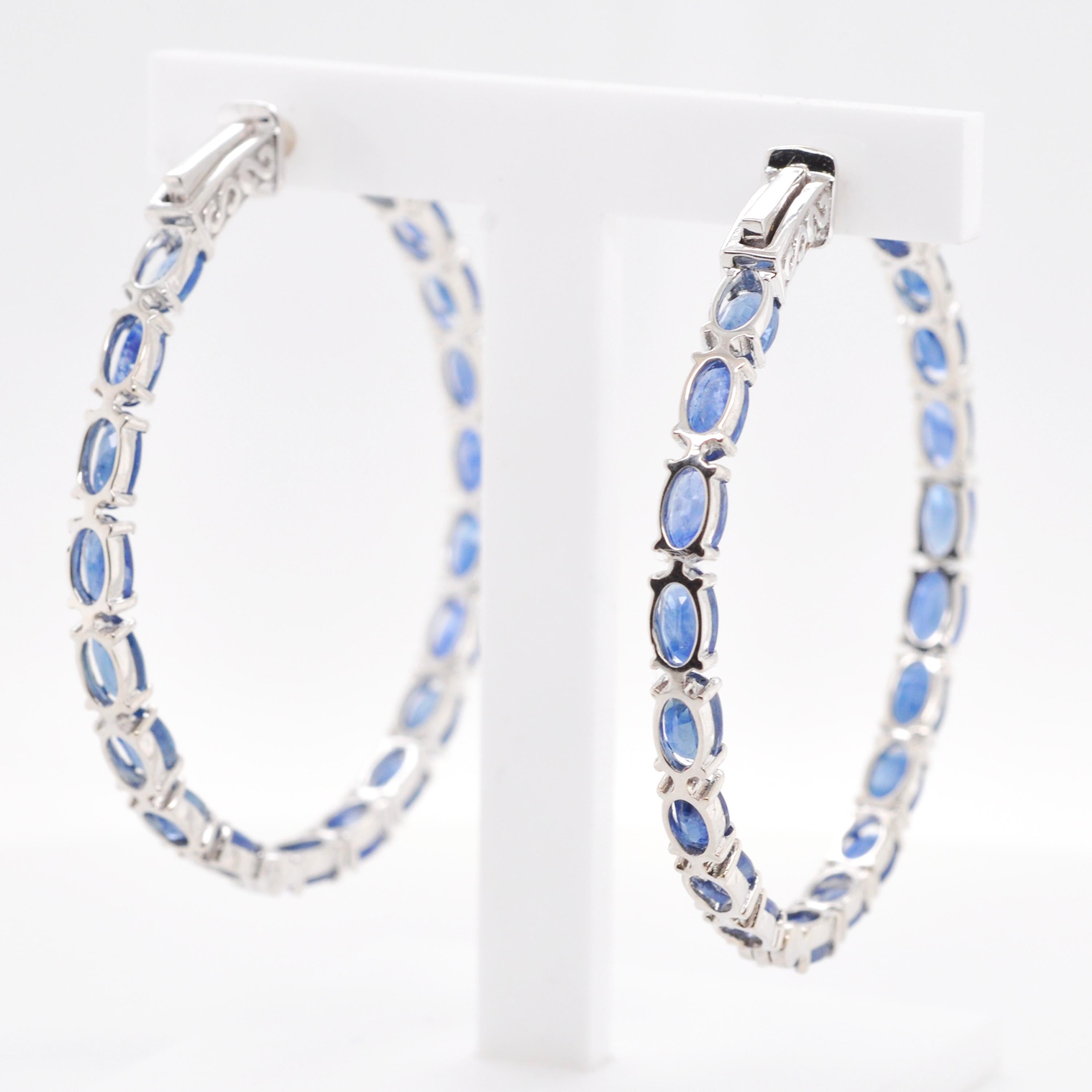 18 Karat White Gold 8.62 Carat Oval Natural Blue Sapphire Hoop Earrings For Sale 3