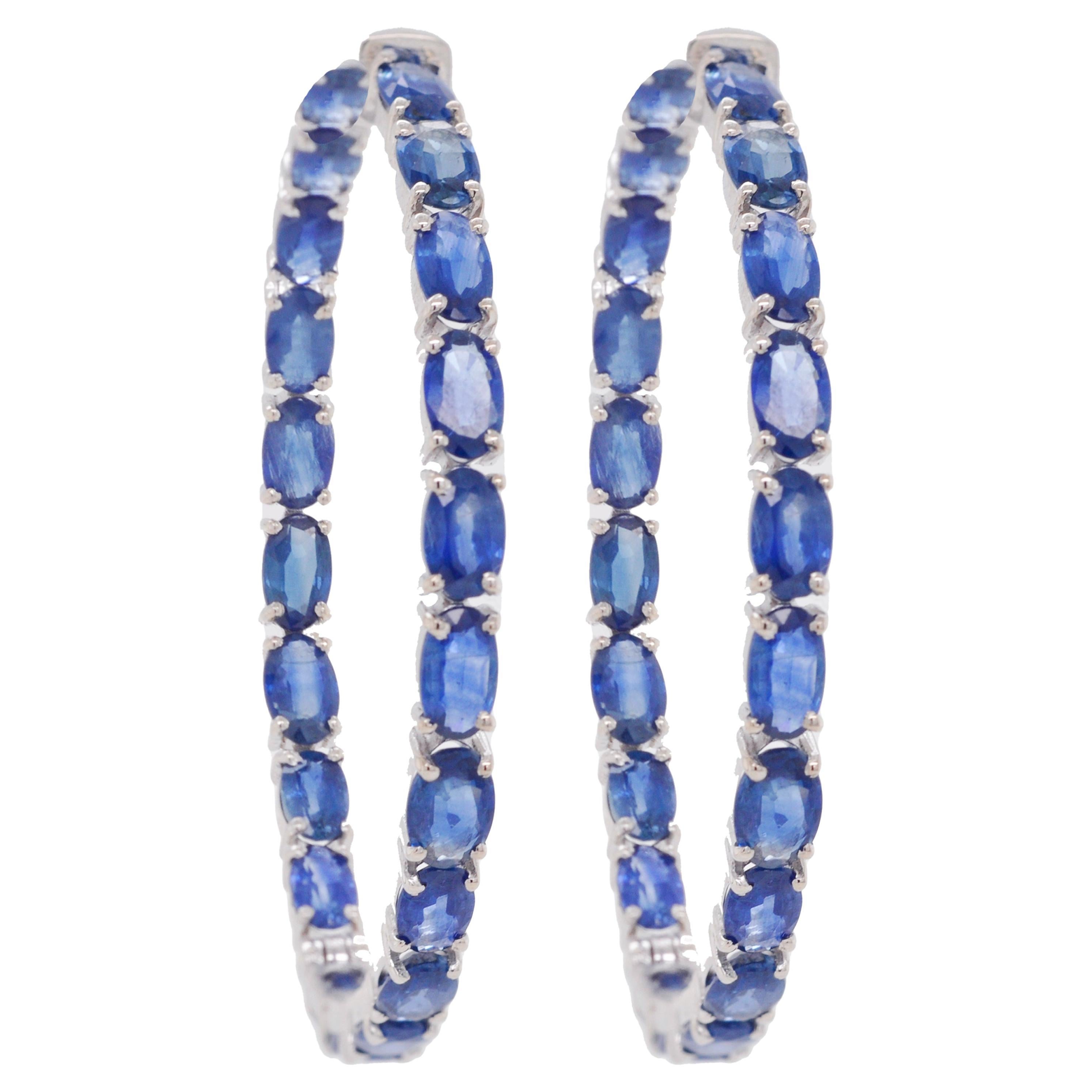 18 Karat White Gold 8.62 Carat Oval Natural Blue Sapphire Hoop Earrings