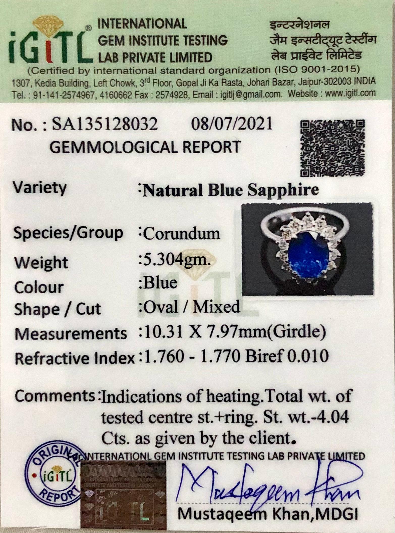 18 Karat White Gold Certified Oval Blue Sapphire Diamond Engagement Ring For Sale 5