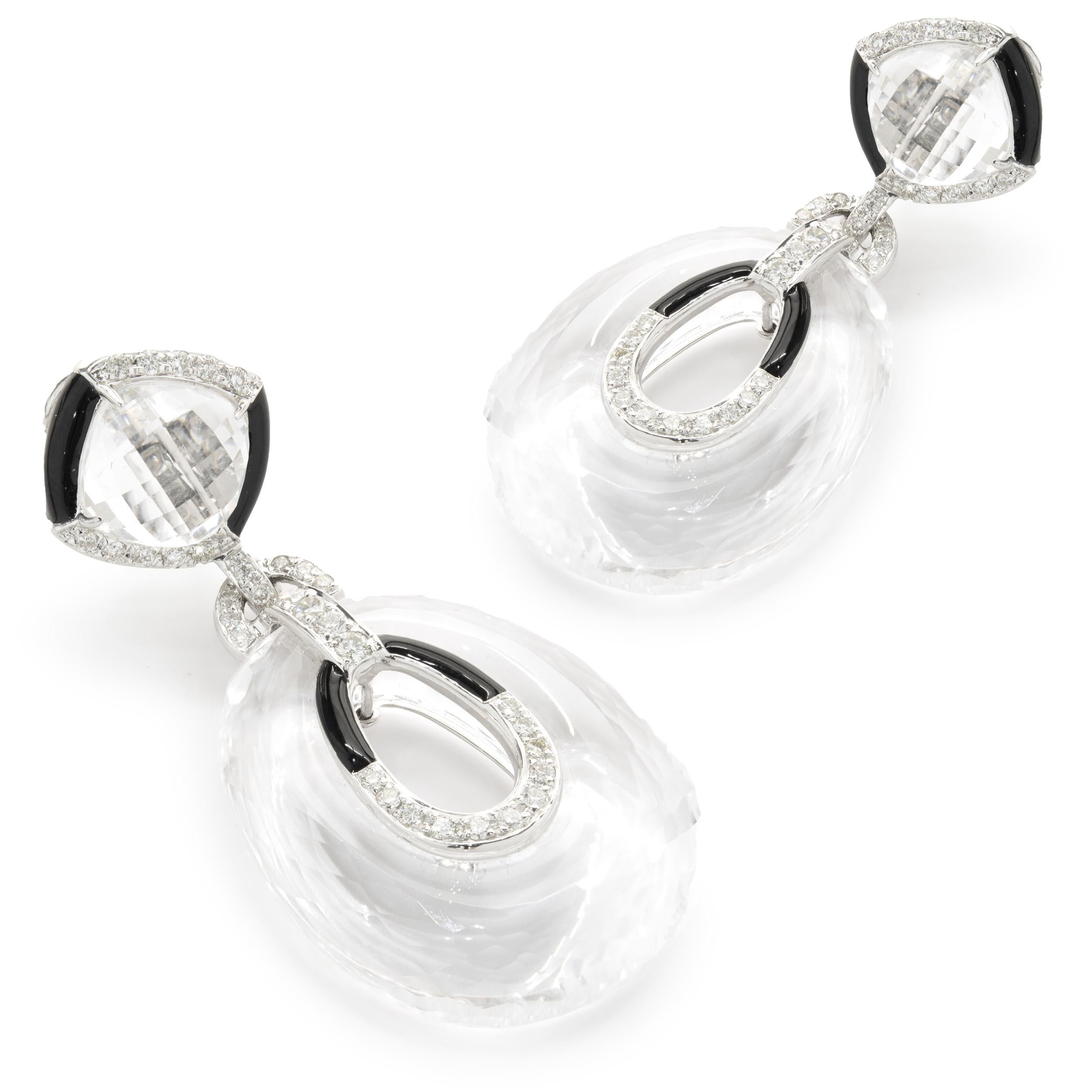 Round Cut 18 Karat White Gold Oval Crystal, Black Enamel, and Diamond Drop Earrings