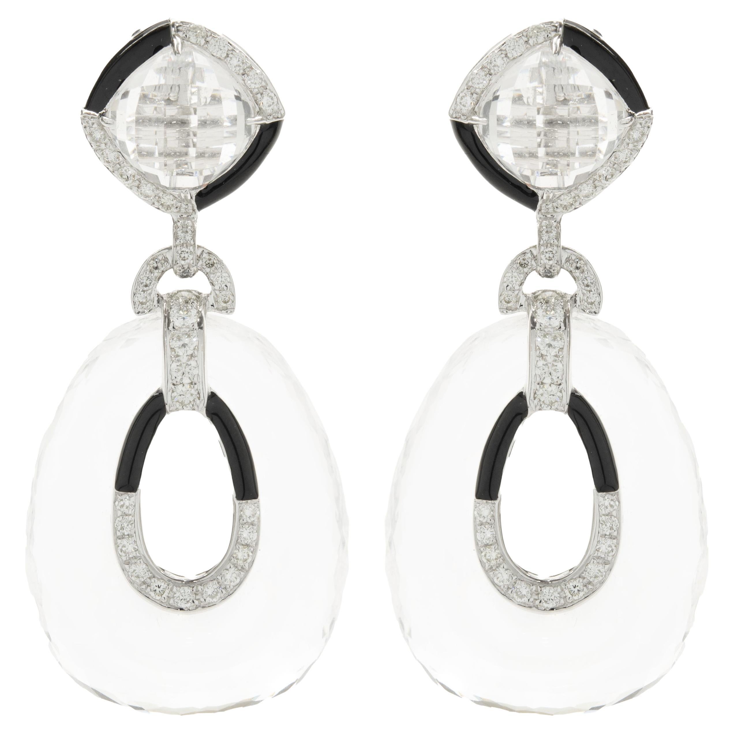 18 Karat White Gold Oval Crystal, Black Enamel, and Diamond Drop Earrings