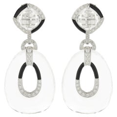 18 Karat White Gold Oval Crystal, Black Enamel, and Diamond Drop Earrings