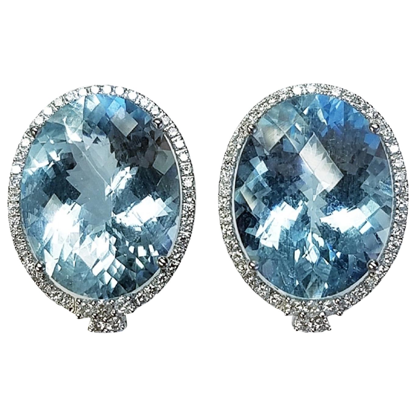 18 Karat White Gold Oval Cut Aquamarine and Diamond Earrings