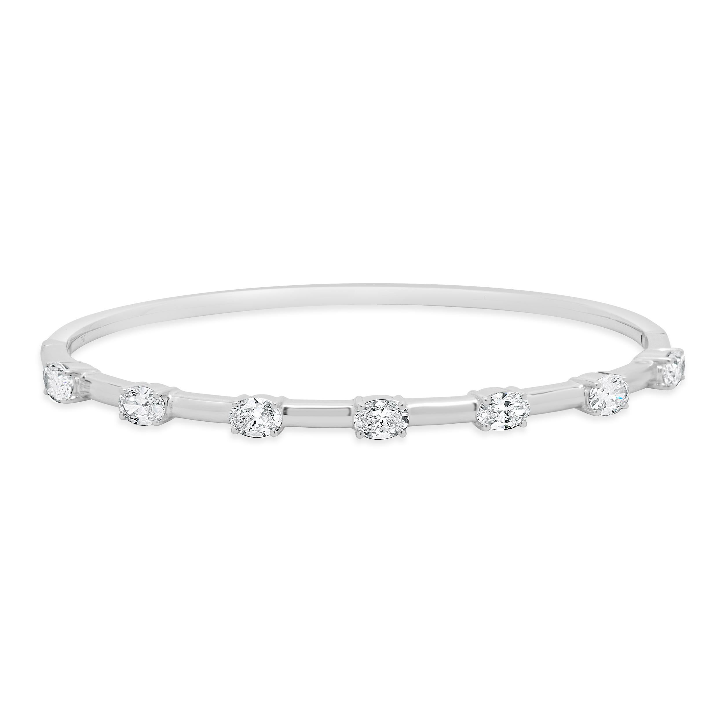 18 Karat White Gold Oval Cut Diamond Station Bangle Bracelet