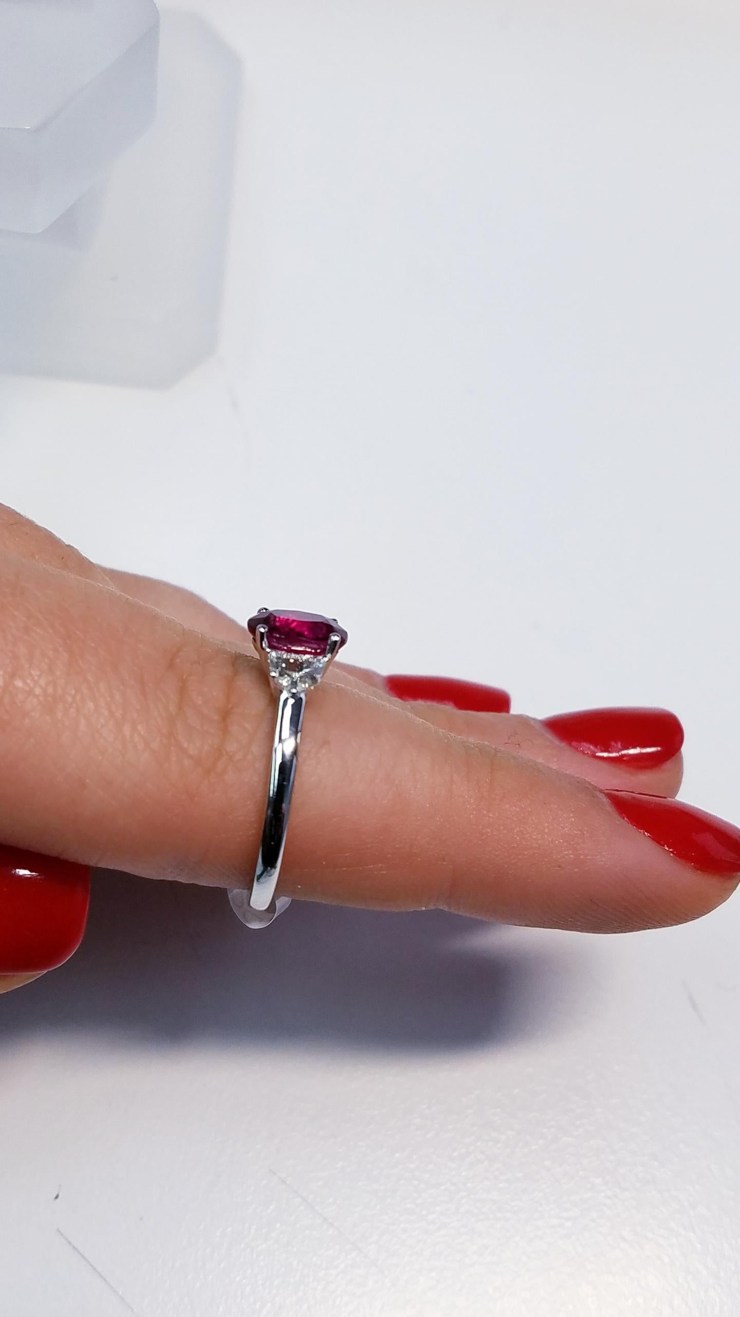 Women's or Men's 18 Karat White Gold Oval Cut Ruby and Genuine Diamond Ring