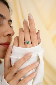 18 Karat White Gold Diamond Halo Emerald Engagement Ring for Her
