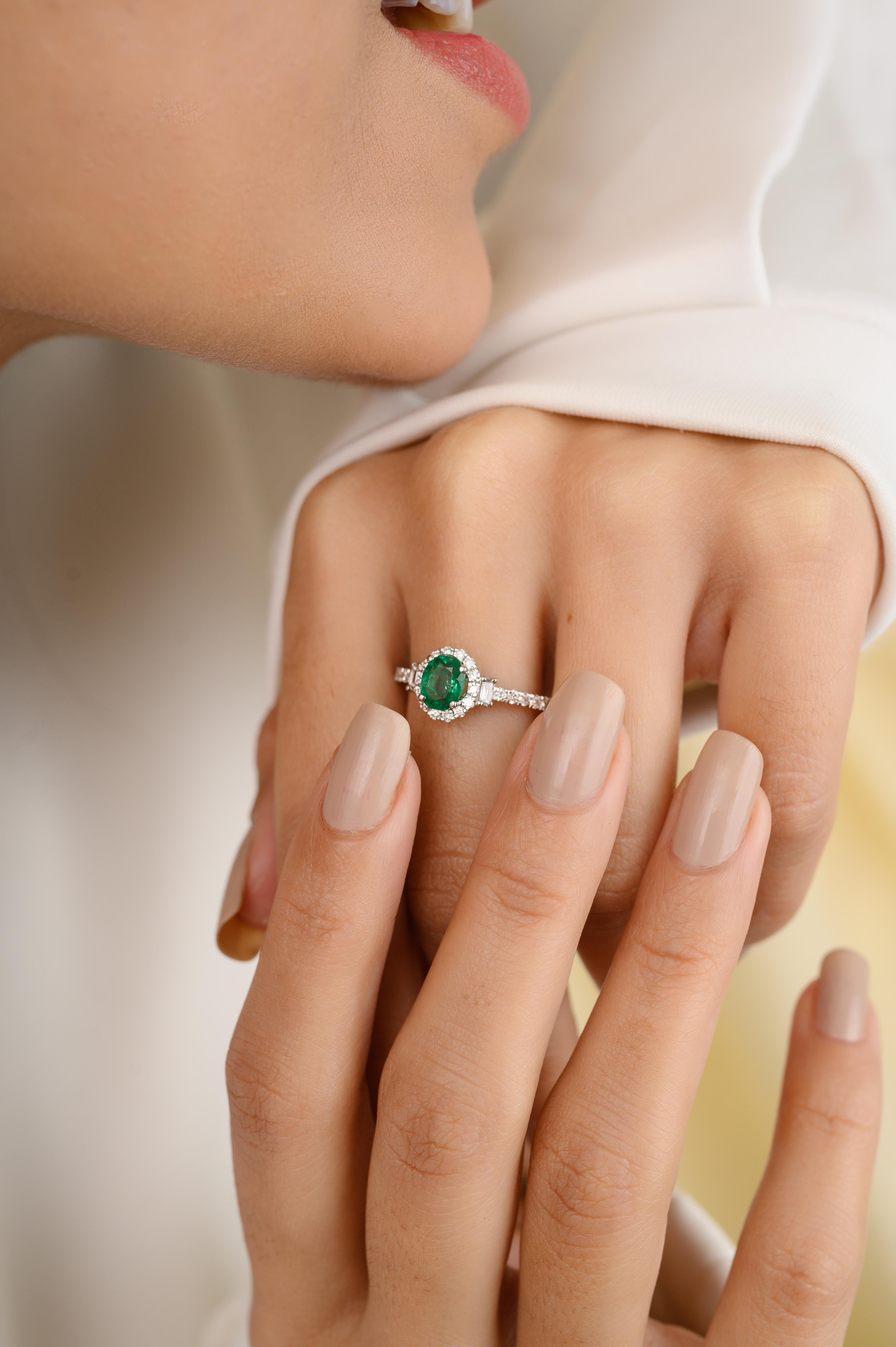 For Sale:  18 Karat White Gold Diamond Halo Emerald Engagement Ring for Her 4