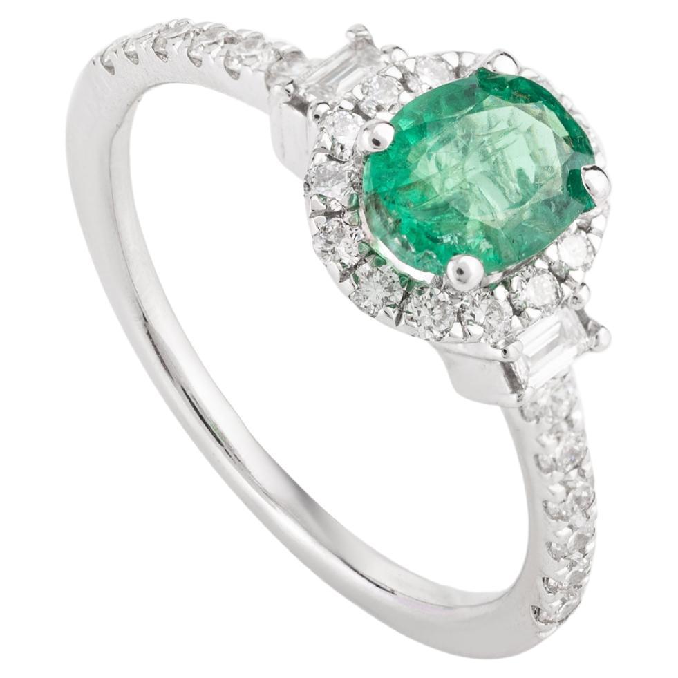 18 Karat White Gold Diamond Halo Emerald Engagement Ring for Her