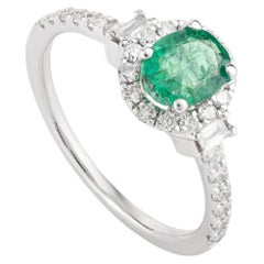 Used 18 Karat White Gold Diamond Halo Emerald Engagement Ring for Her