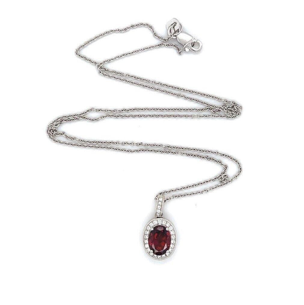 18k White Gold and 1.3ct Oval Garnet and Diamond Halo Pendant Necklace 18