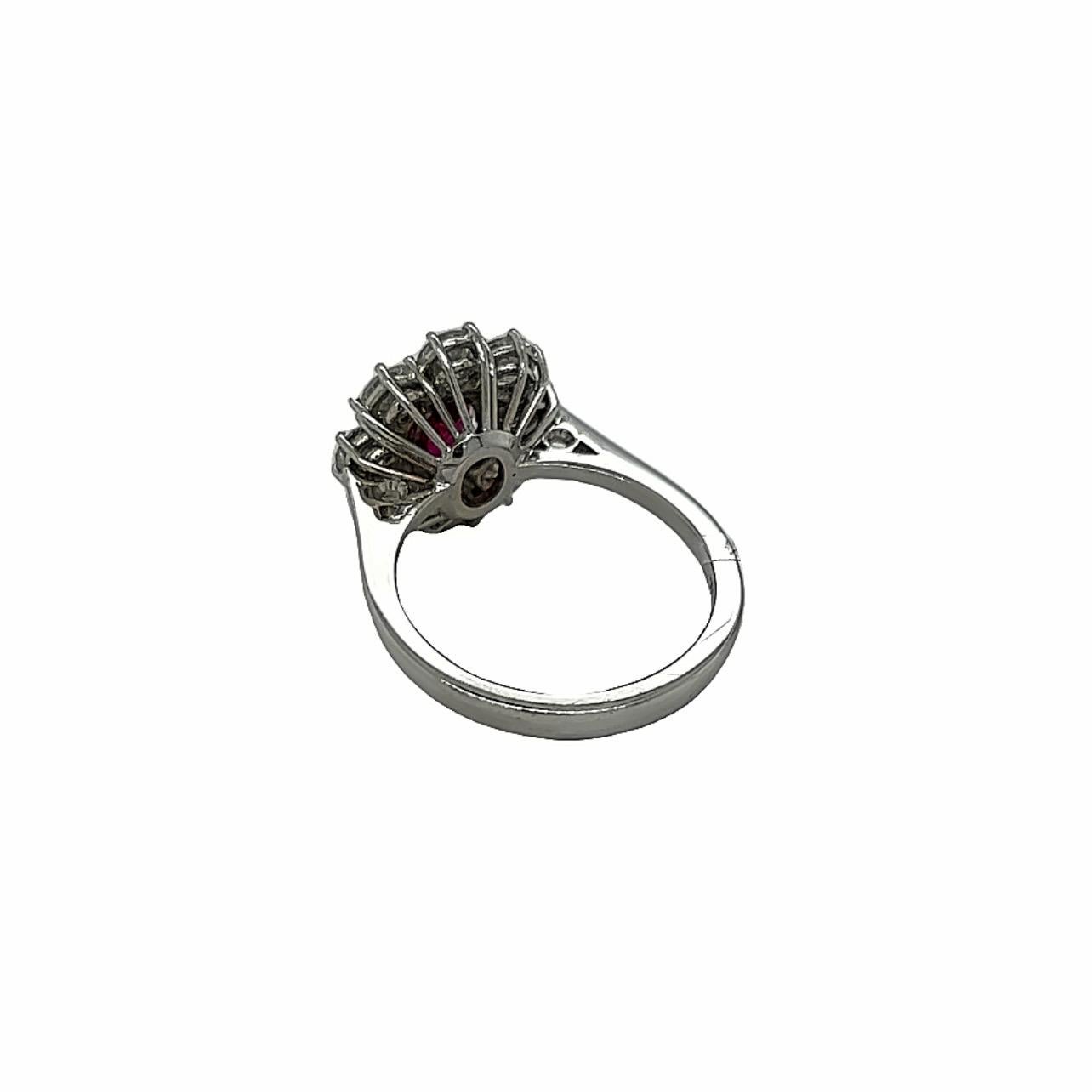 Women's 18 Karat White Gold Oval Ruby Round Diamond Cocktail Ring For Sale